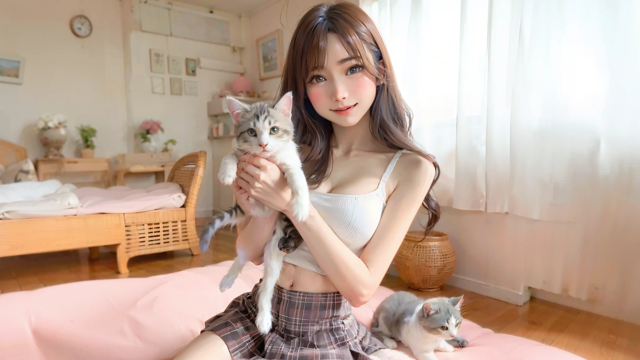 (high quality、8K、ultra hd、Beautiful 16 year old Japanese woman with a kitten on her lap)、Tank top、mini skirt、A happy smile、whole body、random pose、A cute pop room with kittens、digital painting、concept art、3D lighting、2D rendering、art germ、ArtStat Trends、pop of color、pop art、Realistic depiction like a photo