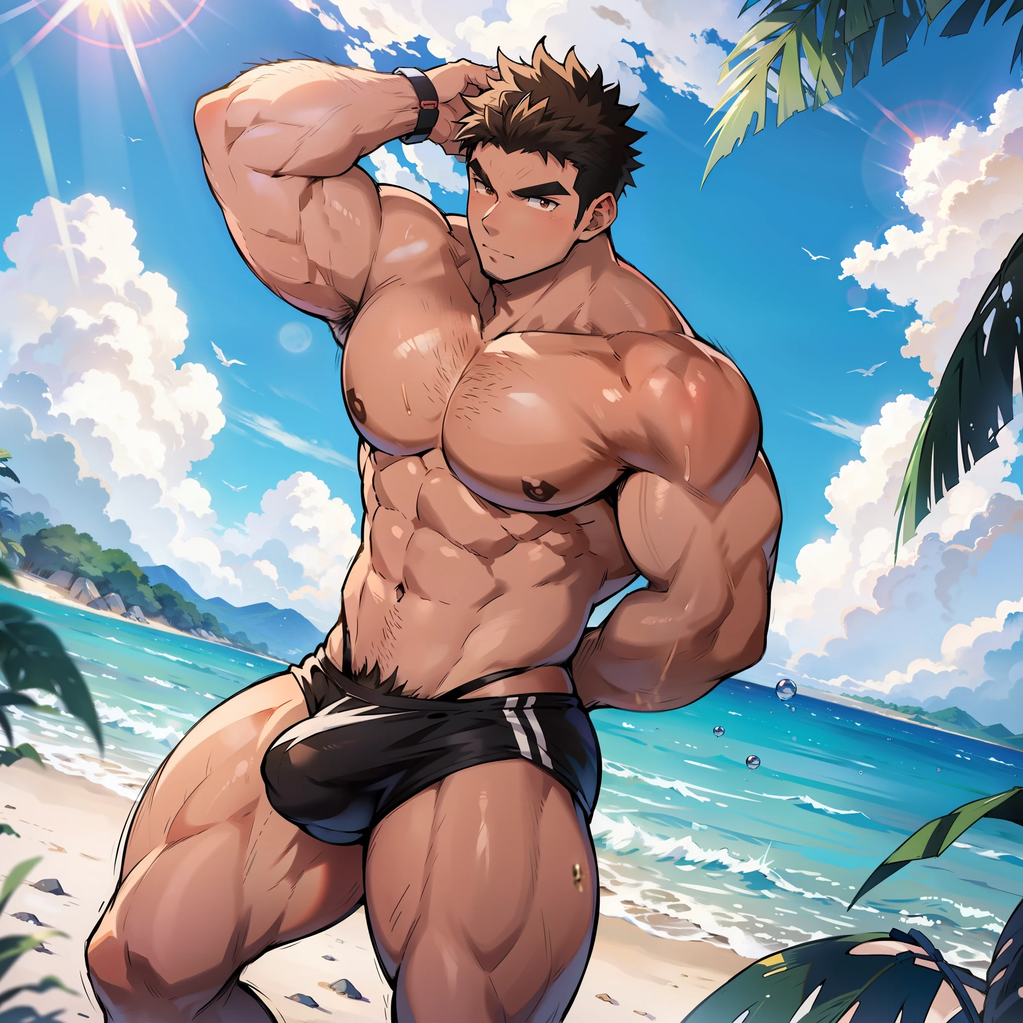 ((anime style art)), muscular male character, The body of a bodybuilder, The upper part of the body, upper part of body,, Wearing a string thong, muscular thighs, sea beach, suns, clouds, Animated protagonist, Good image, hdd, 4K.