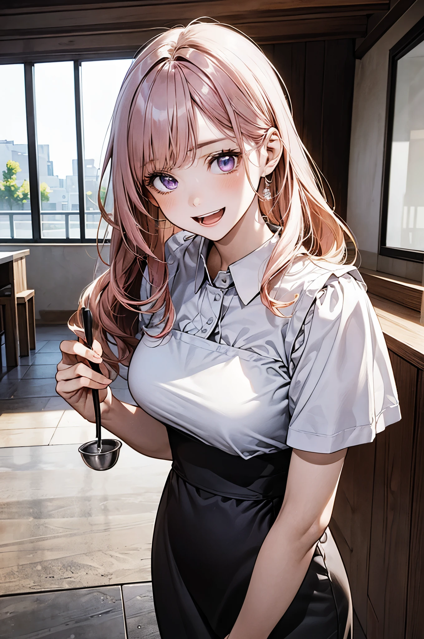 (masterpiece:1.2, top-quality), (realistic, photorealistic:1.2), beautiful illustration, (natural side lighting, movie lighting), ,
looking at viewer, 1 girl, japanese, housewife, 23 years old, perfect face, cute and symmetrical face, shiny skin,
(long hair:1.5, wavy hair:1.6, pink hair), crossed bangs, purple eyes, long eye lasher, (large breasts), slender,
beautiful hair, beautiful face, beautiful detailed eyes, beautiful clavicle, beautiful body, beautiful chest, beautiful thigh, beautiful legs, beautiful fingers,
((white collared blouse, dark drown trench skirt), apron),
(beautiful scenery), evening, (wabi-sabi kitchen interior), standing, holding ladle, (lovely smile, open mouth),