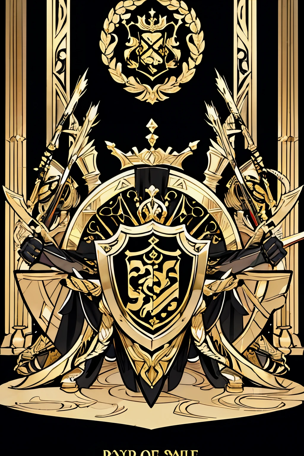 spider crawls between swords, a gold and black shield with a stylized design on it, shield design, fantasy shield, black and gold armor, shield emblem, royal coat of arms, sword, weapon, spider
