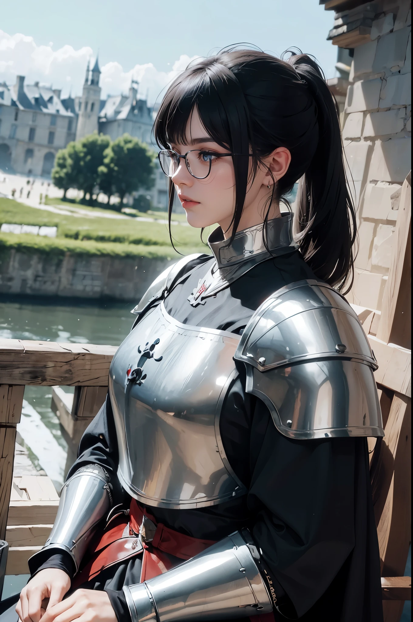 ((wide angle shot of the Hundred Years' War in France)), a beautiful woman, black hair in a ponytail, bangs, wearing glasses, wearing Jeanne d'Arc armor