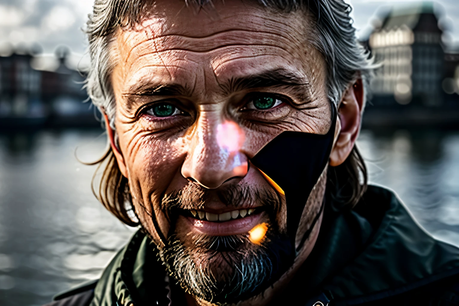RAW photo, 8k UHD, high detailed skin, handsome german hippie, 72yo, bavarian man, green eyes, rule of thirds, masterpiece, photography, ultra realism, realistic, outdoors, golden hour, portrait, smiling, grey short hair, rocker style, DoF, (Hamburg:1.1), harbor, sky, clouds, soft lighting, ( highly detailed skin:0.7),(film grain:1.3), 8k uhd, dslr, soft lighting, high quality, HDRI, Fujifilm XT3