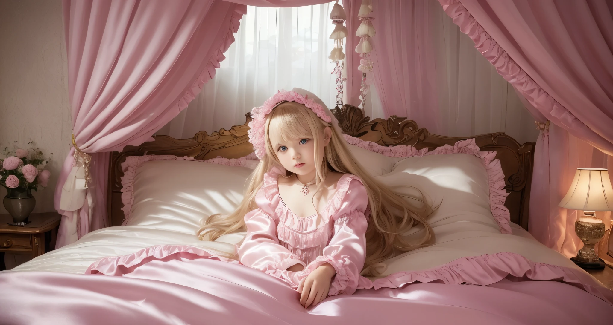 ,highest quality, masterpiece, highest resolution, artwork, super それにget used to it, many get used to it, get used to it, それにget used to it, 3K anime illustration,(( girl)),Super detailed baby face,hty small face,long blonde hair that grows to the waist,blue eyes,白い肌のeuropean,pajamas, european,(((super long blonde hair))),curly hair,blue eyes,((((ピンクのシルクサテンのロリータファッションのlong skirtのワンピースドレス)))),((Pink silk satin dress with plenty of ruffles and ribbons)),((Luxurious headdress with frills and ribbons)),detailed headdress,,(((big yoke collar))),Yoke collar with ruffles and ribbons,((((long sleeve)))),ruffle sleeves,((((long skirt)))),white ruffle and lace socks,large silk satin ruffle pillow,(((Nice pink outfit))),豪華なcanopy bedの上,canopy bed,The bed is surrounded by luxurious curtains,Many silk satin ruffle pillows on the bed,Behind the girl are many pink frilly pillows,super detailed background,detailed bed,soft pink silk satin comforter,Highly detailed soft ruffle pillow,Beautiful girl illustration,detailed beautiful face,fine hair,detailed eye ,detailed eyes,detailed mouth, arm details,fine hands,Detailed pillow,wide bed,Illustration on the bed, ,((((round futon)))),((((Large silk satin ruffle duvet that covers the entire bed)))),detailed comforter,detailed silk satin bed sheets,Soft bed,Before bedtime,romantic atmosphere,palace bedroom,((((The lower half of the body is hidden under the puffy futon....)))) The girl is leaning on a pile of pillows, ,((((round futon)))),((((A large ruffled futon that covers the entire bed)))),soft shiny silk satin fabric,