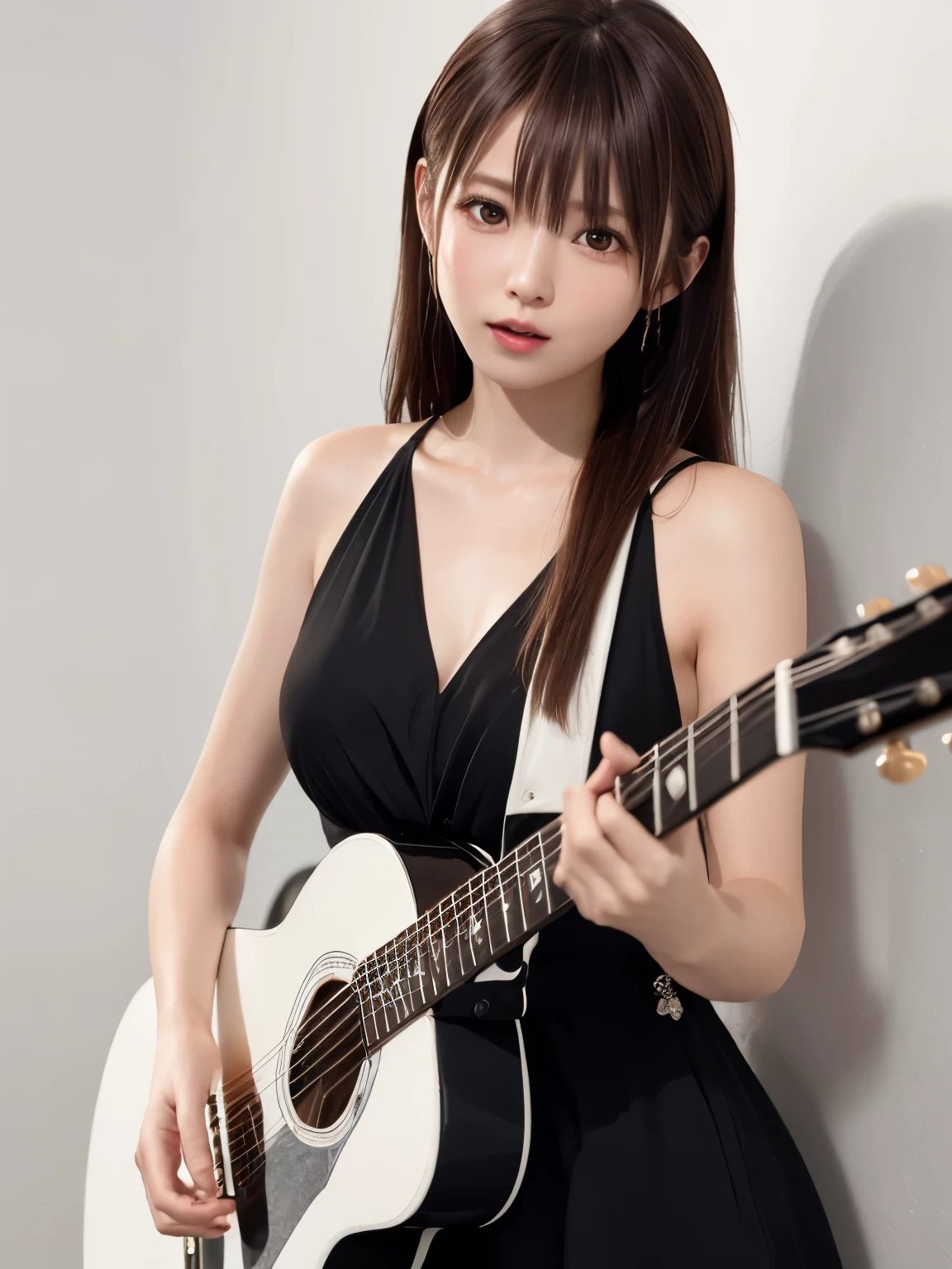 (((best image quality、8k、Beautiful woman、Pure white wall background)))、guitarist、playing the guitar、long hair woman、black hair、Crying、I&#39;m closing my eyes、wearing a black dress、