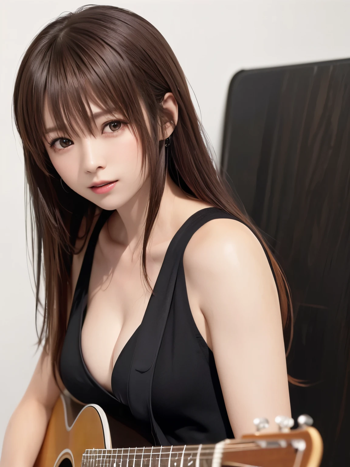 (((best image quality、8k、Beautiful woman、Pure white wall background)))、guitarist、playing the guitar、long hair woman、black hair、Crying、I'm closing my eyes、wearing a black dress、