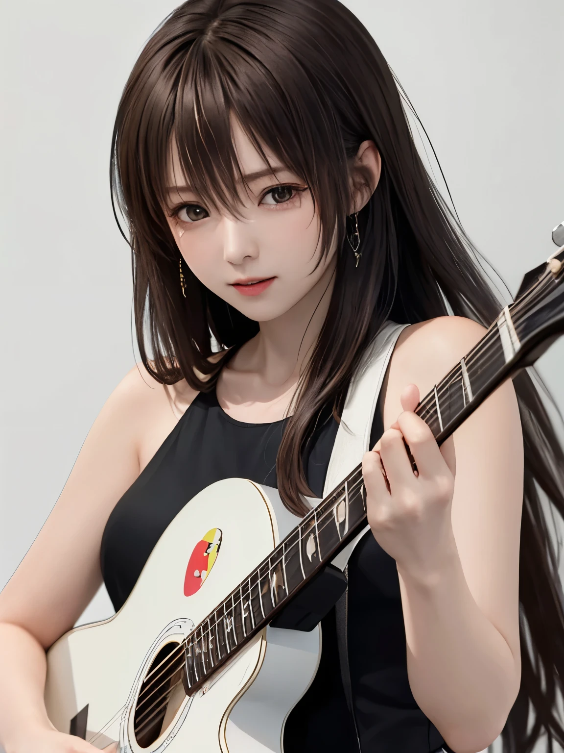 (((best image quality、8k、Beautiful woman、Pure white wall background)))、guitarist、playing the guitar、long hair woman、black hair、Crying、I&#39;m closing my eyes、wearing a black dress、