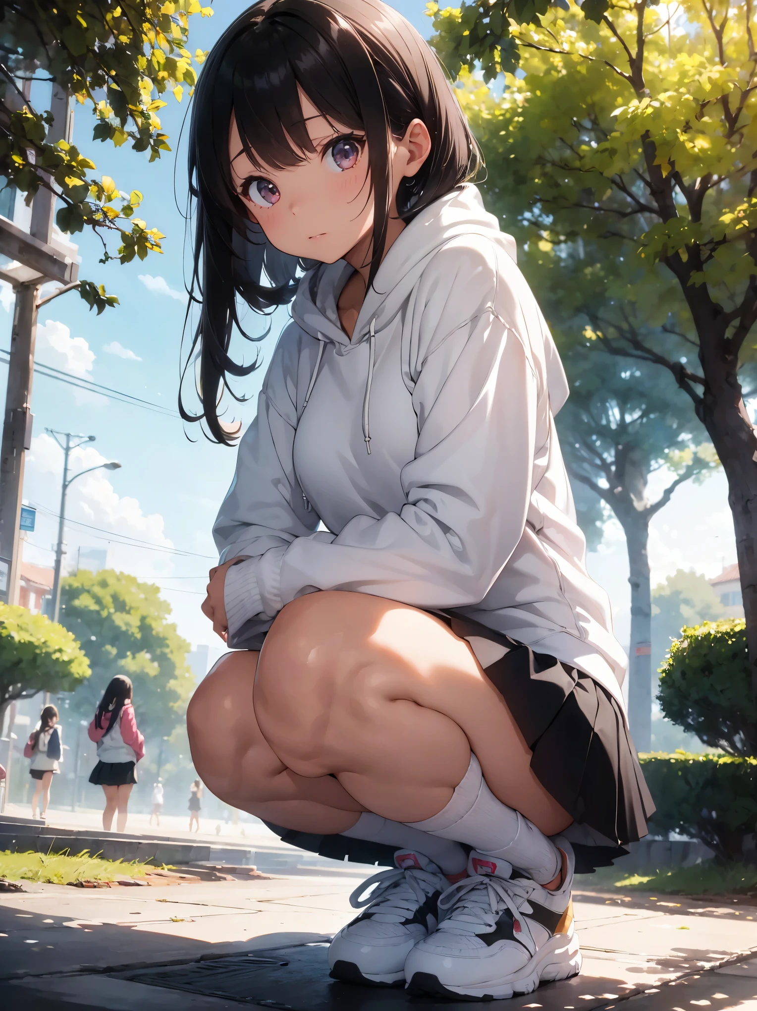 beautiful soft light, vivid details, anatomical, exact ratio, very detailed, wonderful, finely, highest quality, High resolution, 1 girl, , cute, shiny, Shiny skin, Corner of the park, (sleeve_less hoodie), short skirt, sneakers, squat, (white panties), black hair, healthy skin, from below