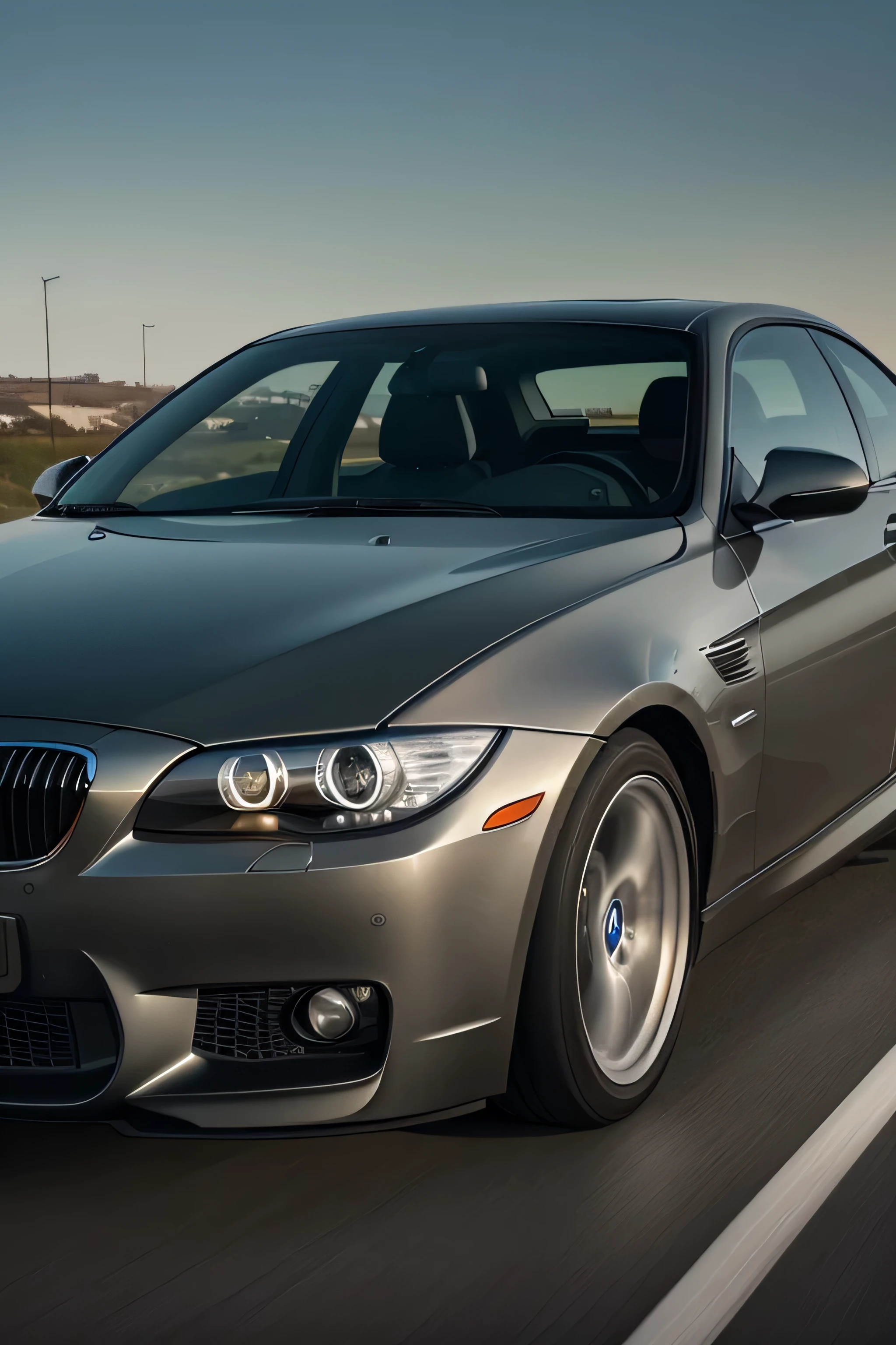 bmw e92,grey color paint,sun reflecting on the paint,highway,vehicles around,black windows on the car,bright lights,(best quality,4k,8k,highres,masterpiece:1.2),ultra-detailed,(realistic,photorealistic,photo-realistic:1.37),HDR,UHD,studio lighting,ultra-fine painting,sharp focus,physically-based rendering,extreme detail description,professional,vivid colors,bokeh,concept artists