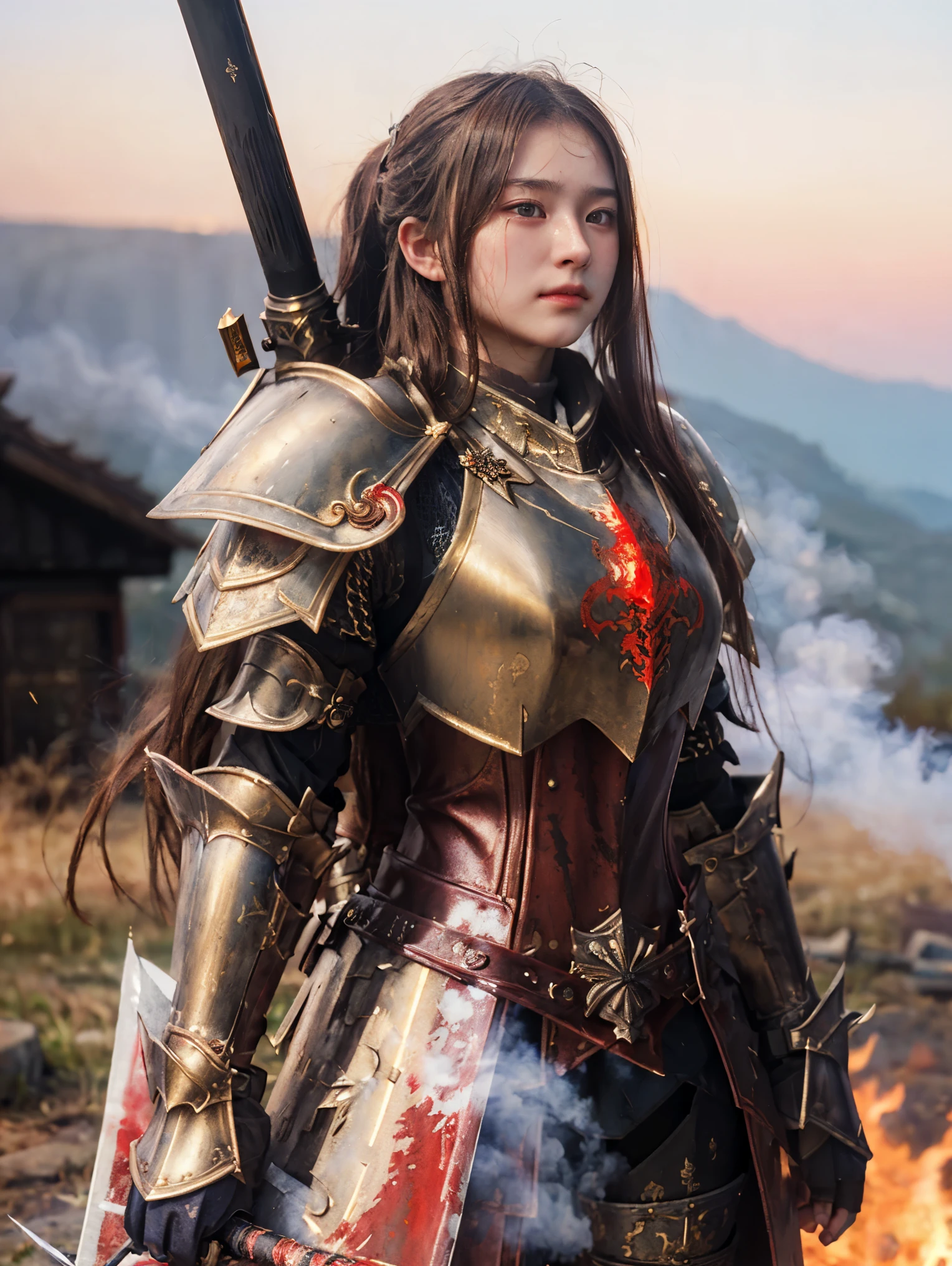 (((Realistic, masterpiece, best quality, crisp detail, high definition, high detail))), 17 years old girl wearing golden armor, japan style heavy armor, full body armor, long straight hair, sweating, bloodstained, bloodbath, carnage, holding long fire sword, in epic war, fire and smoke everywhere, death anywhere