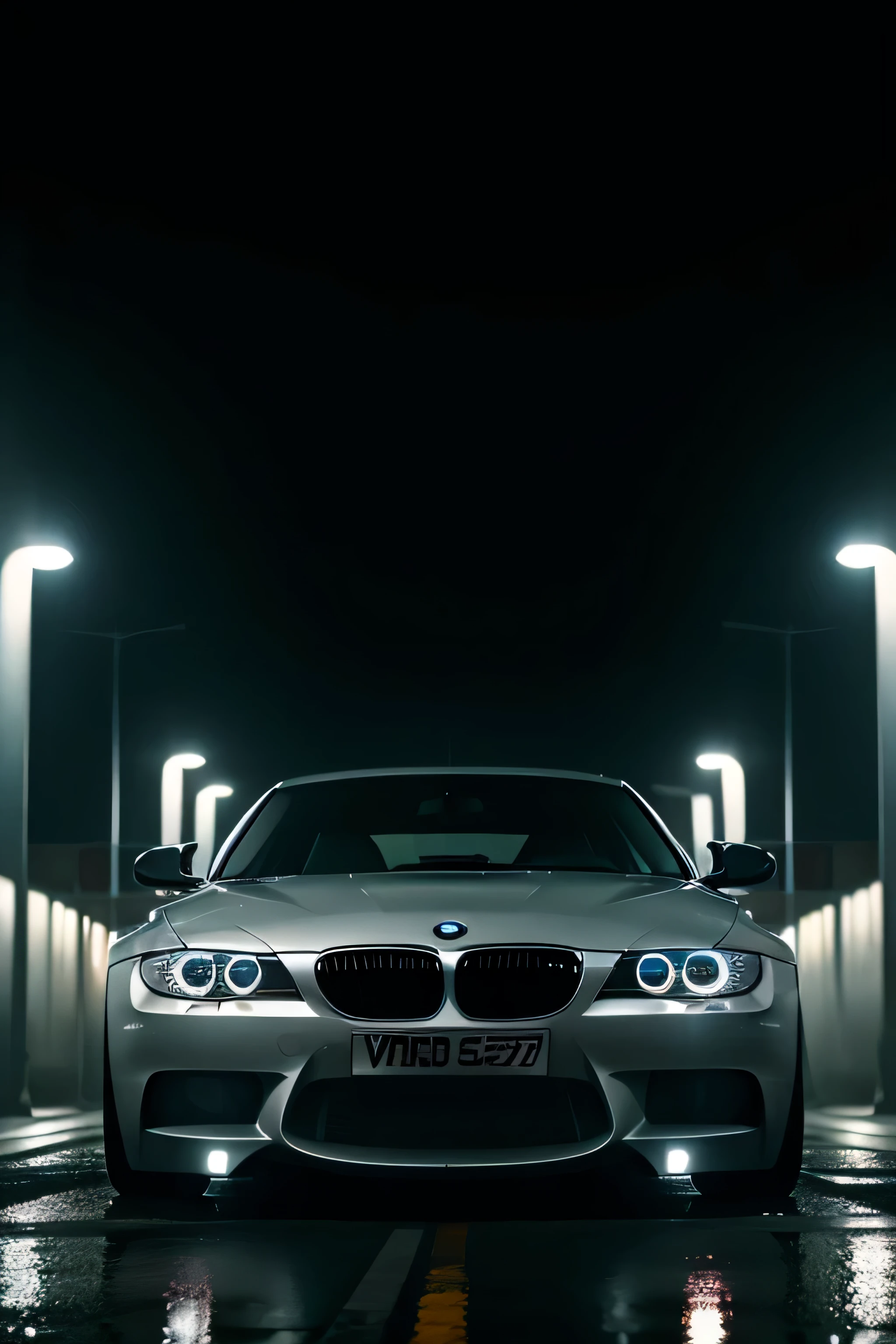 bmw e92, dark atmosphere, grey colored paint, dark windows, chrome rims, bright white lights, photographing, raining, raindrops, foggy