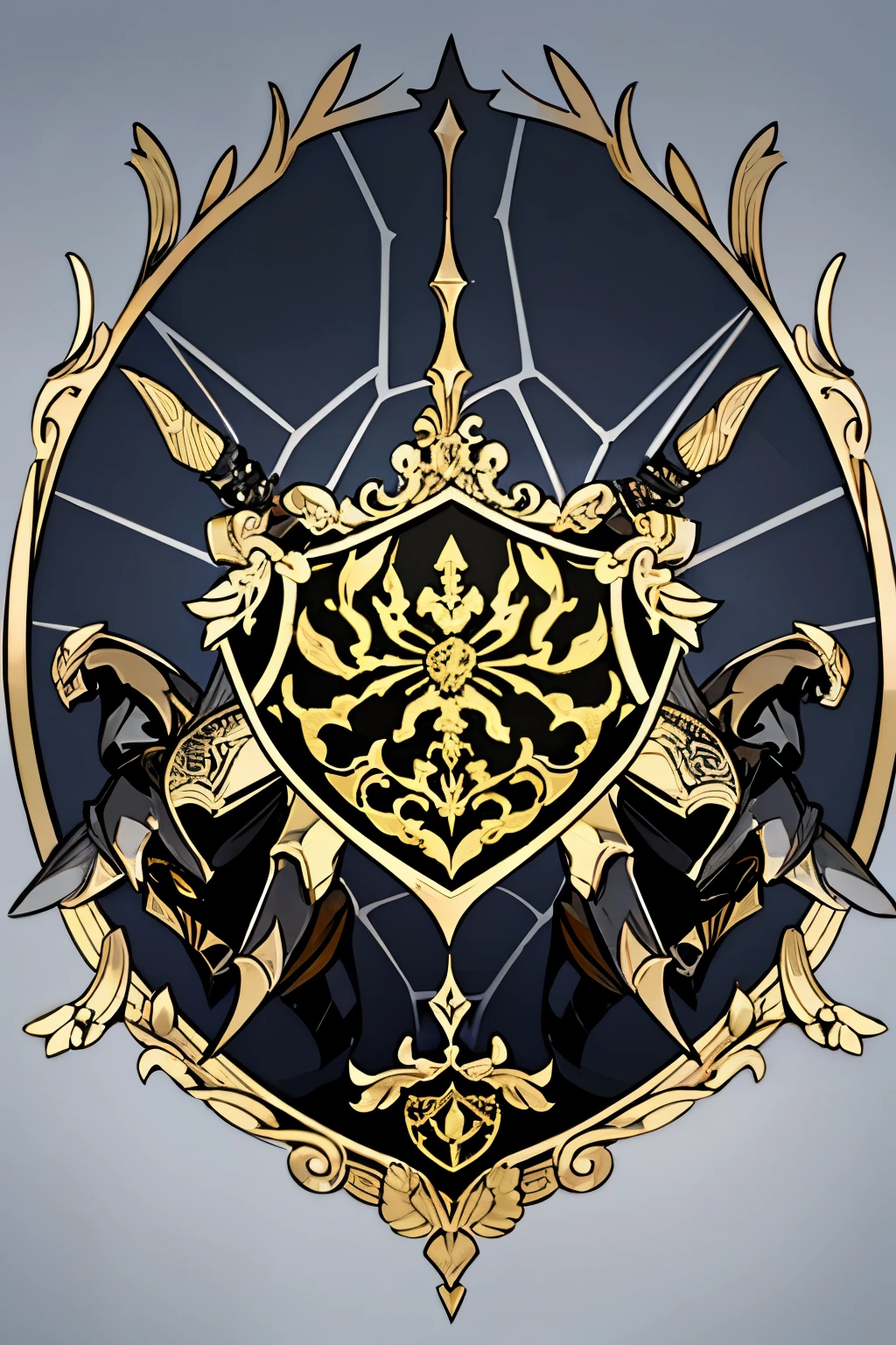 spider crawls between swords, a gold and black shield with a stylized design on it, shield design, fantasy shield, black and gold armor, shield emblem, royal coat of arms, sword, weapon, spider