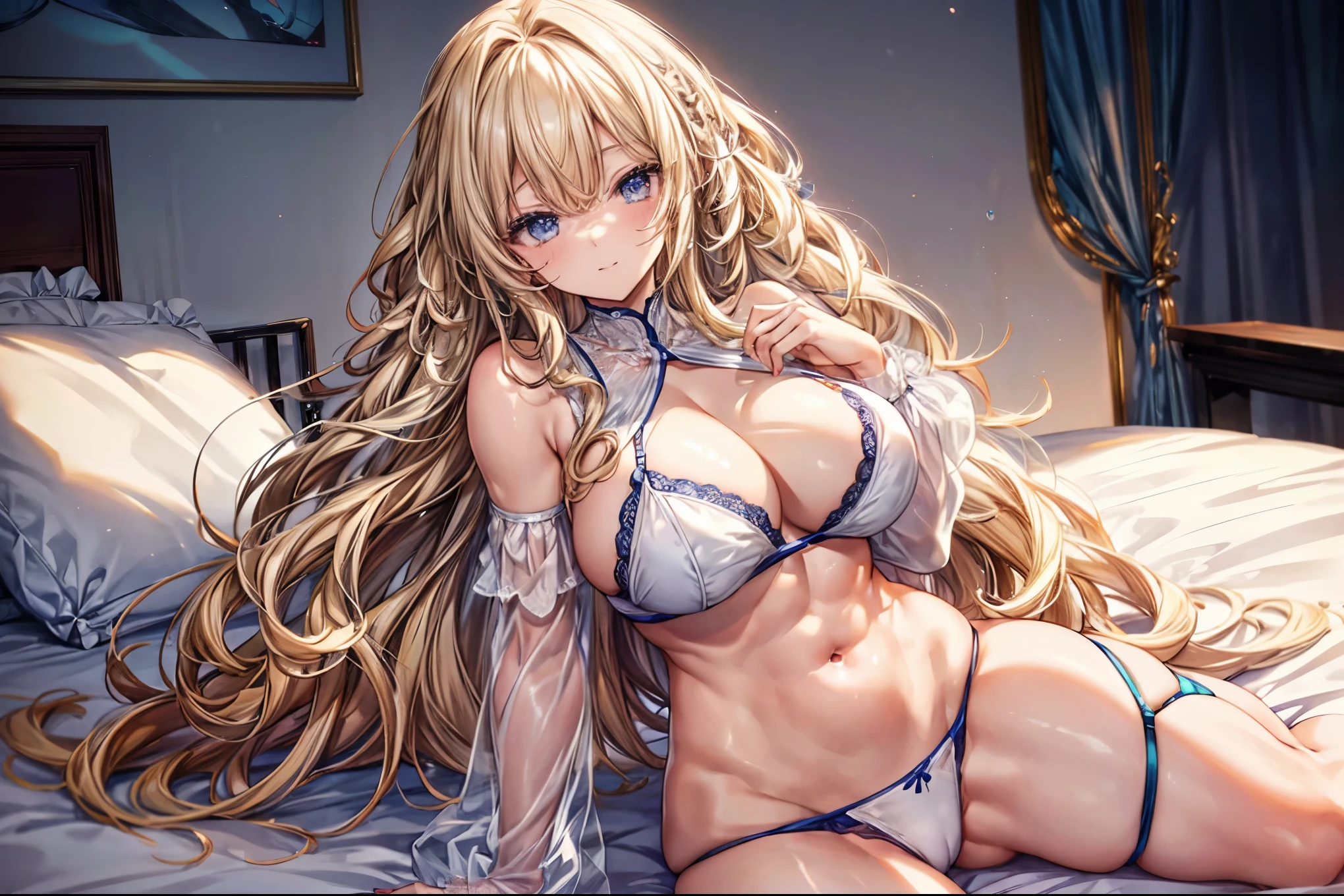 sensual, ((long blonde curly hair)), thick thighs, 8K, 4K, highest quality, High resolution:1.2), cute anime face, noise reduction, ((shining blue eyes, gentle smile, kind eyes))、toned abdominal muscles, muscular arms, muscular legs,  young face, anime eyes, (((big breasts、Breasts that are about to burst)))、(((whole body)))、wearing bondage lingerie、lie down on the bed