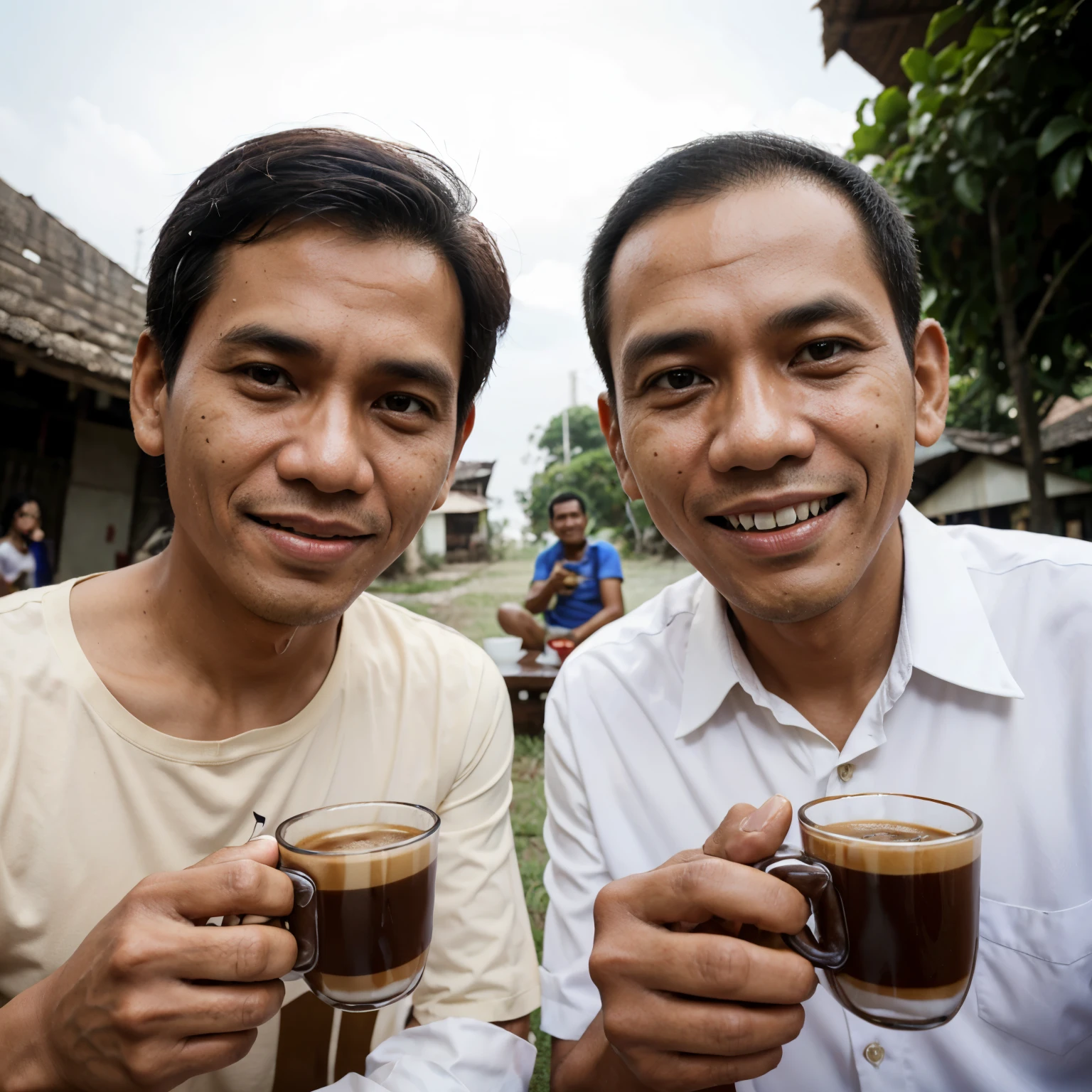 two men are holding cups of coffee and smiling for the camera, jokowi, drinking coffee, ramil sunga, indonesia, morning coffee, morning hour, sunday, son, drinking a coffee, an indonesian family portrait, barong family member, coffee, drinking tea, hidari and vlop, jakarta, yan gisuka, exclusive, special, in modern era