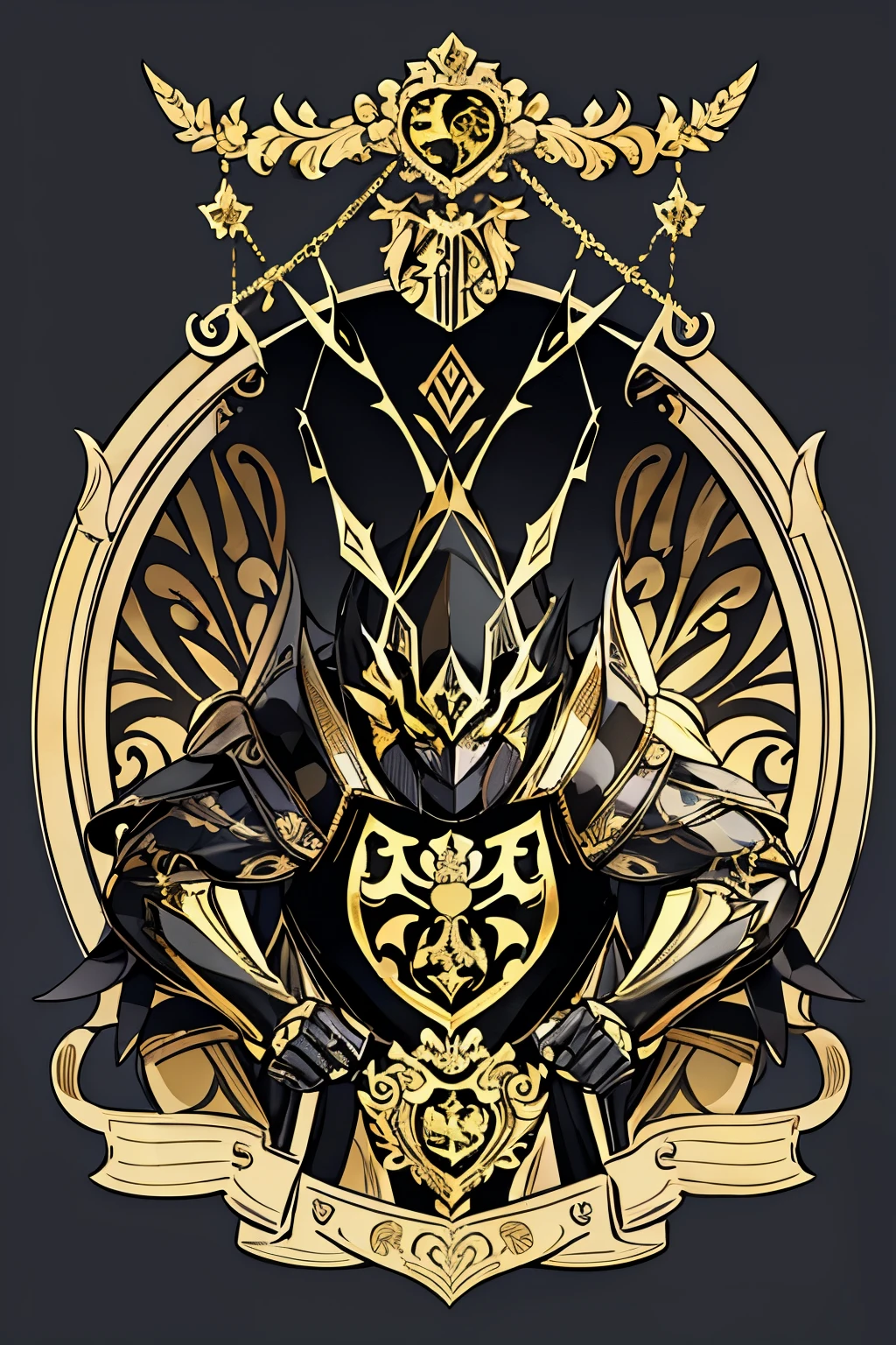 spider crawls between swords, a gold and black shield with a stylized design on it, shield design, fantasy shield, black and gold armor, shield emblem, royal coat of arms, sword, weapon, spider