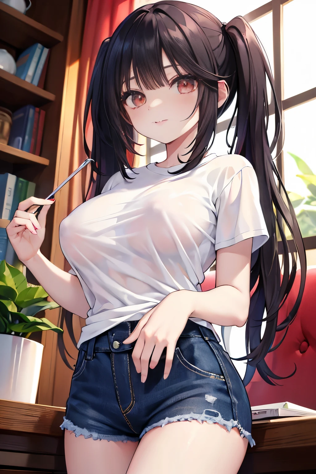 Optimal,masterpiece,High resolution,highest quality,hyper hd,Super detailed,award-winning,16k,alone,(cowboy shot)、cute face,,black hair、long hair、twin tails、 hair line,((scarlet eyes)),long eyelashes,drooping corners of the eyes,Are standing、open your legs、thin legs、white skin,((shoot from below)), ((wearing a tight white t-shirt:1.5)), ((transparent nipples))、rocket tits , big breasts,
