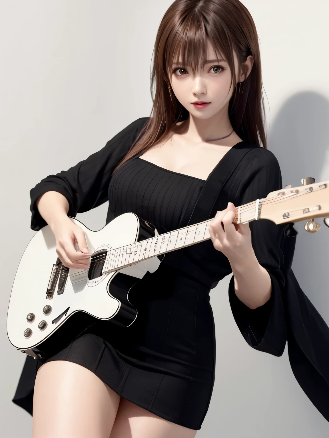 (((best image quality、8k、Beautiful woman、Pure white wall background)))、guitarist、playing the guitar、long hair woman、black hair、sad expression、wearing a black dress、