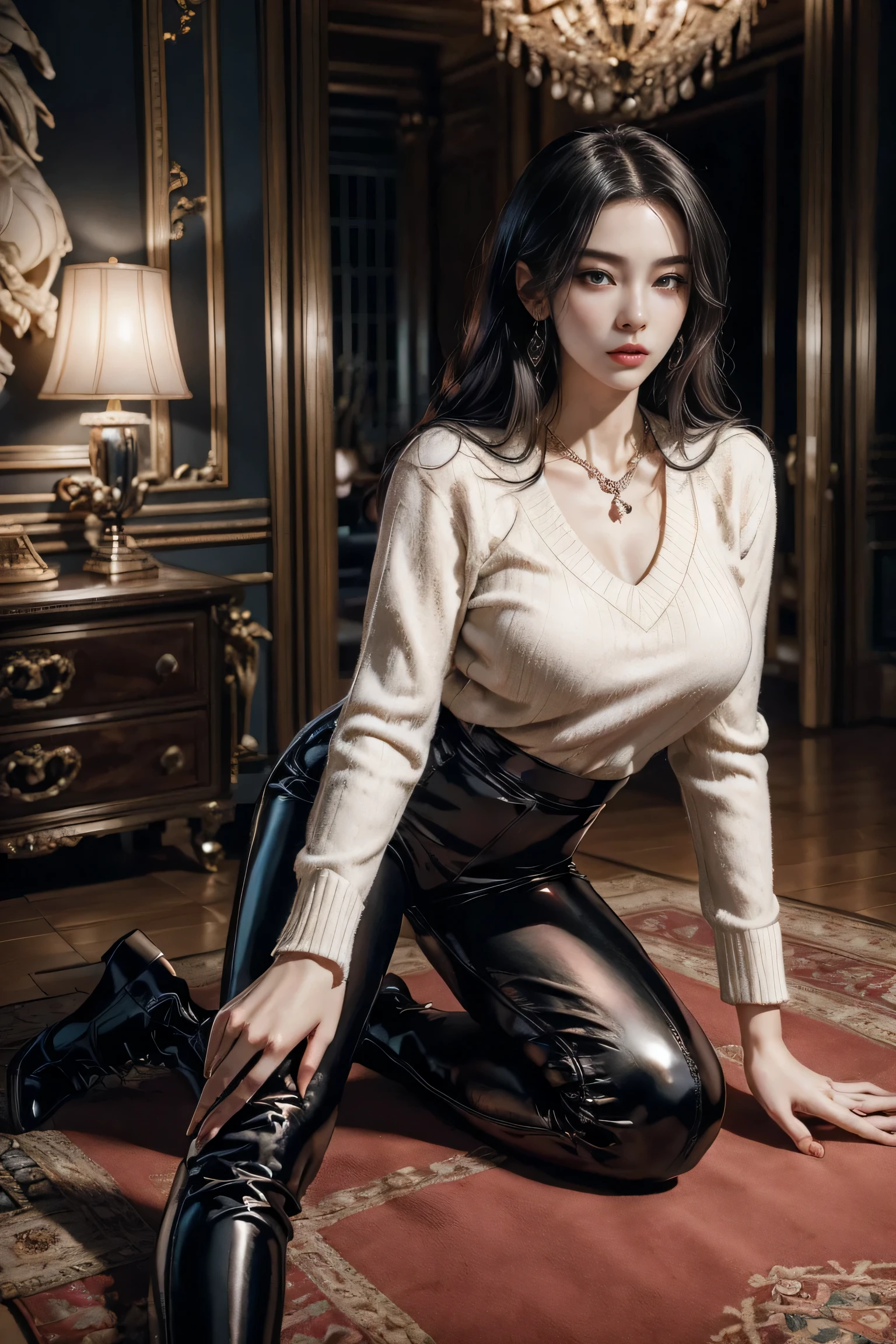 a very sexy and beautiful asian girl,A very mature and beautiful girl,sexy mature lady,Royal sister temperament,Supermodel temperament,asian aristocrat气质,alone,in the palace,European antique style bedroom decoration,patent leather trousers,White V-neck sweater,streetwear,asian aristocrat,patent leather high heel boots,earrings,necklace,(Extremely exquisite and beautiful work:1.1)a very sexy and beautiful woman,Have perfect body proportions,Tight body lines,S-shaped body,Sexy and perfect body curves(full),moist skin feeling,clear skin texture(Advanced skin details:1.1)supermodel perfect face,sexy red lips,charming smile,Exquisite facial features,dark purple hair,Dark purple clear and delicate hair texture(Premium hair details:1.1),red pupils,Clear and refined eye details,Beautiful and sophisticated eye makeup,(Advanced eye detail:1.1)The optimal ratio of four fingers to one thumb.Beautiful and exquisite manicure,Feet with perfectly proportioned thighs and calves,,Royal sister style,Royal Sister Series,asian royal girl,asian aristocrat,patent leather trousers,black series,White V-neck sweater系列,Patent leather jacket series,Patent leather series,dark purple hair系列,Real top photography,perfect work of art,Super real的复杂细节,best work,best picture quality,Ultra-fine,very high resolution,Full body photography of one person,Super real,Cover photo,professional lighting ,Professional dimming,perfect goddess,Exquisite details、complex engineering,Very sexy and mature photography,Photography of a beautiful woman