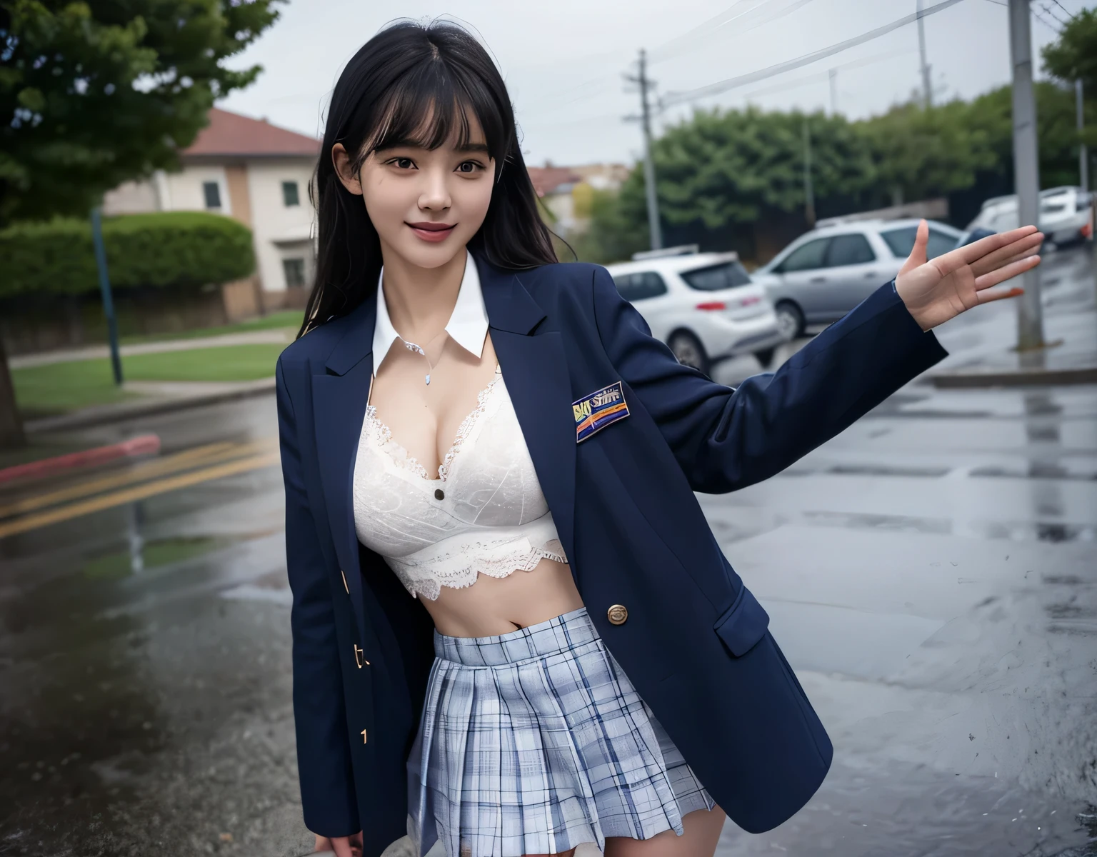 Not NSFW、high quality、Realistic and photo-like、one beautiful 15 year old girl、High school girl wearing a blazer uniform、navy blue jacket、white dress shirt、navy check mini skirt、in the pouring rain、White lace bra that shows through when the shirt gets wet、Black hair smiling shyly、have bangs、Fair skin、thin eyebrows、long hair、big breasts、A presence that is out of this world、