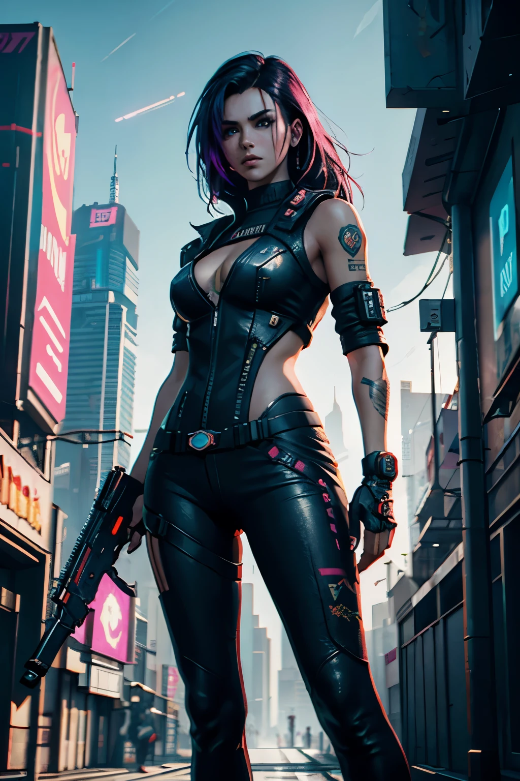 cyberpunk 2077, daylight beautiful girl, realism, weapon