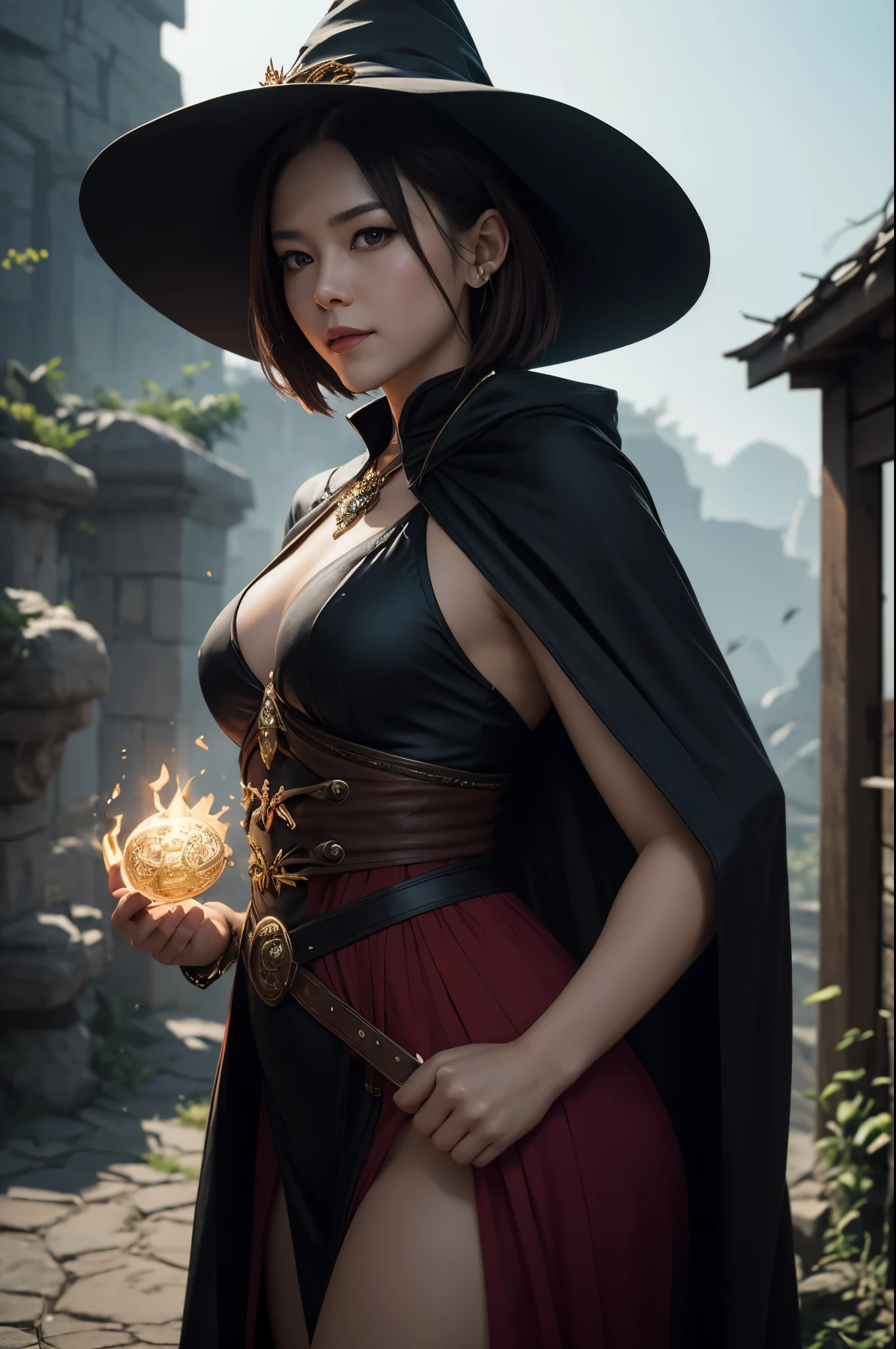 8k,A witch wearing a hat and cloak smiles and takes a photo, brown hair short bob hair,red and black costume,fantasy artスタイル, 素晴らしいcharacter art, fantasy concept art portrait, fantasy art, Portrait of a female magician, 壮大なfantasy artスタイル, 壮大なfantasy artポートレート, fantasy art, Alexandra Fomina Art Station, 8Kfantasy art, beautiful magician, 壮大な絶妙なcharacter art,超A high resolution,big red gem amulet,look at the audience,laughter,small breasted witch,masterpiece,Photorealistic RAW photos of the highest quality。Backlight, cinematic lighting, film grain, to be born, 50mm lens, Nikon D850,realistic skin,fantasy art,character art,ultra high resolution,action scene,fighting pose,Big Magic Circle,