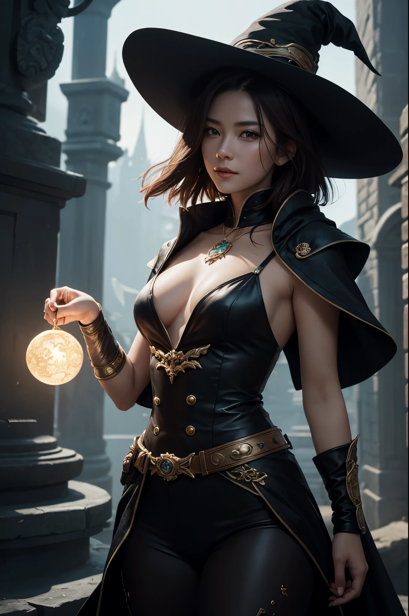 8k,A witch wearing a hat and cloak smiles and takes a photo, brown hair short bob hair,red and black costume,fantasy artスタイル, 素晴らしいcharacter art, fantasy concept art portrait, fantasy art, Portrait of a female magician, 壮大なfantasy artスタイル, 壮大なfantasy artポートレート, fantasy art, Alexandra Fomina Art Station, 8Kfantasy art, beautiful magician, 壮大な絶妙なcharacter art,超A high resolution,big red gem amulet,look at the audience,laughter,small breasted witch,masterpiece,Photorealistic RAW photos of the highest quality。Backlight, cinematic lighting, film grain, to be born, 50mm lens, Nikon D850,realistic skin,fantasy art,character art,ultra high resolution,action scene,fighting pose,Big Magic Circle,