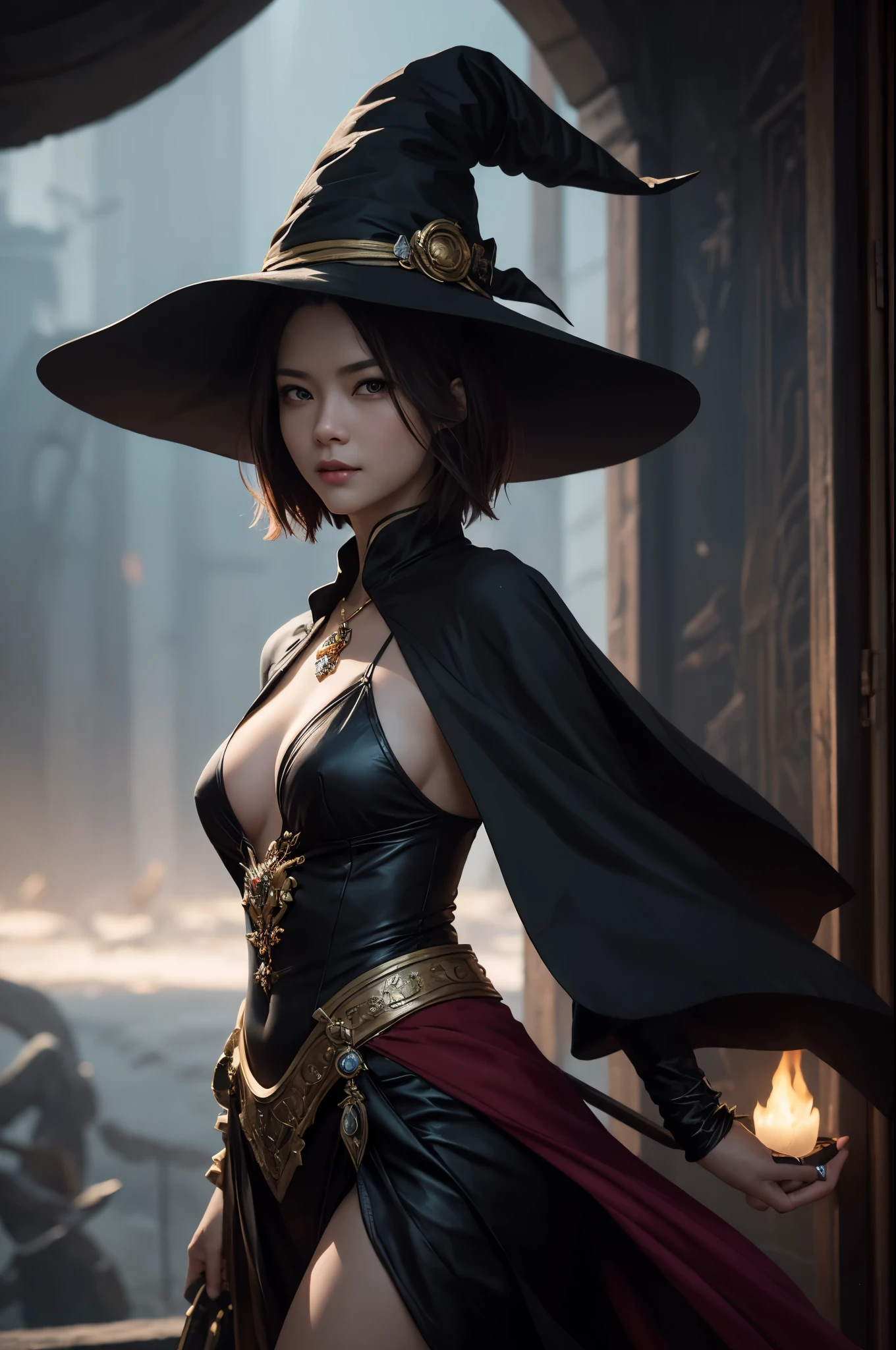 8k,A witch wearing a hat and cloak smiles and takes a photo, brown hair short bob hair,red and black costume,fantasy artスタイル, 素晴らしいcharacter art, fantasy concept art portrait, fantasy art, Portrait of a female magician, 壮大なfantasy artスタイル, 壮大なfantasy artポートレート, fantasy art, Alexandra Fomina Art Station, 8Kfantasy art, beautiful magician, 壮大な絶妙なcharacter art,超A high resolution,big red gem amulet,look at the audience,laughter,small breasted witch,masterpiece,Photorealistic RAW photos of the highest quality。Backlight, cinematic lighting, film grain, to be born, 50mm lens, Nikon D850,realistic skin,fantasy art,character art,ultra high resolution,action scene,fighting pose,Big Magic Circle,