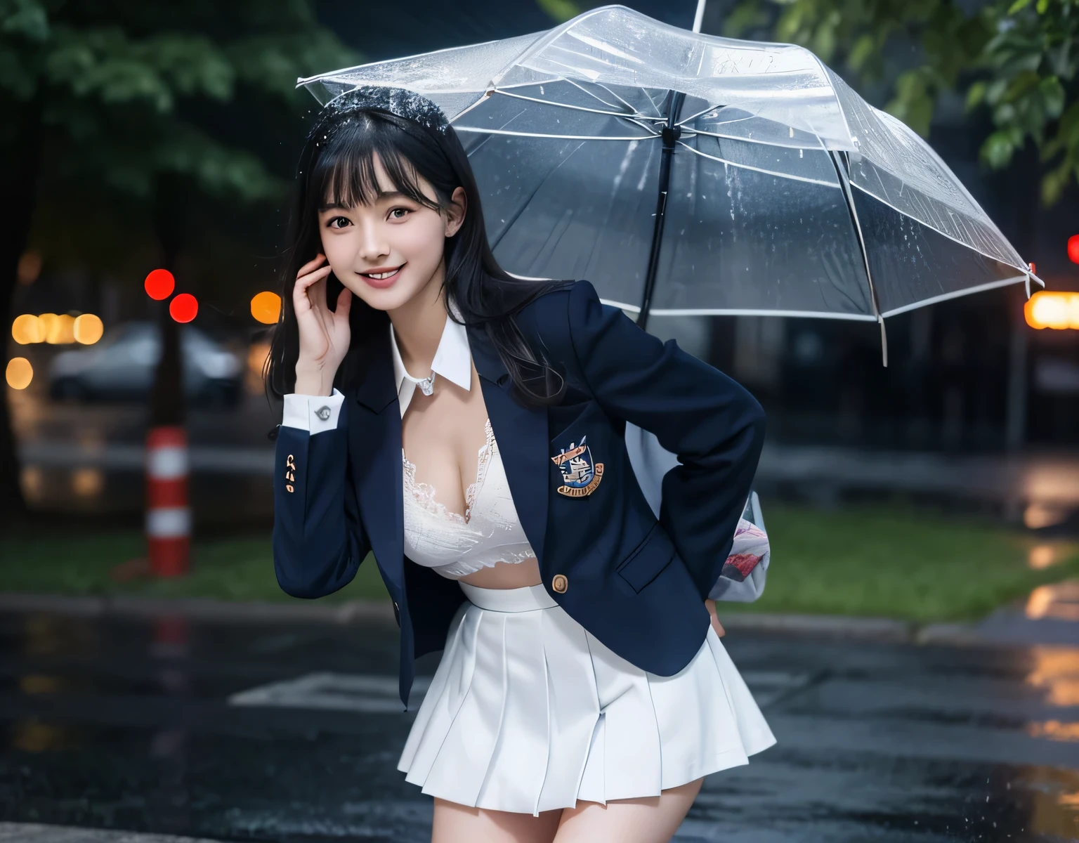 Not NSFW、high quality、Realistic and photo-like、one beautiful 15 year old girl、High school girl wearing a blazer uniform、navy blue jacket、white dress shirt、navy check mini skirt、in the pouring rain、White lace bra that shows through when the shirt gets wet、Black hair smiling shyly、have bangs、Fair skin、thin eyebrows、long hair、big breasts、A presence that is out of this world、