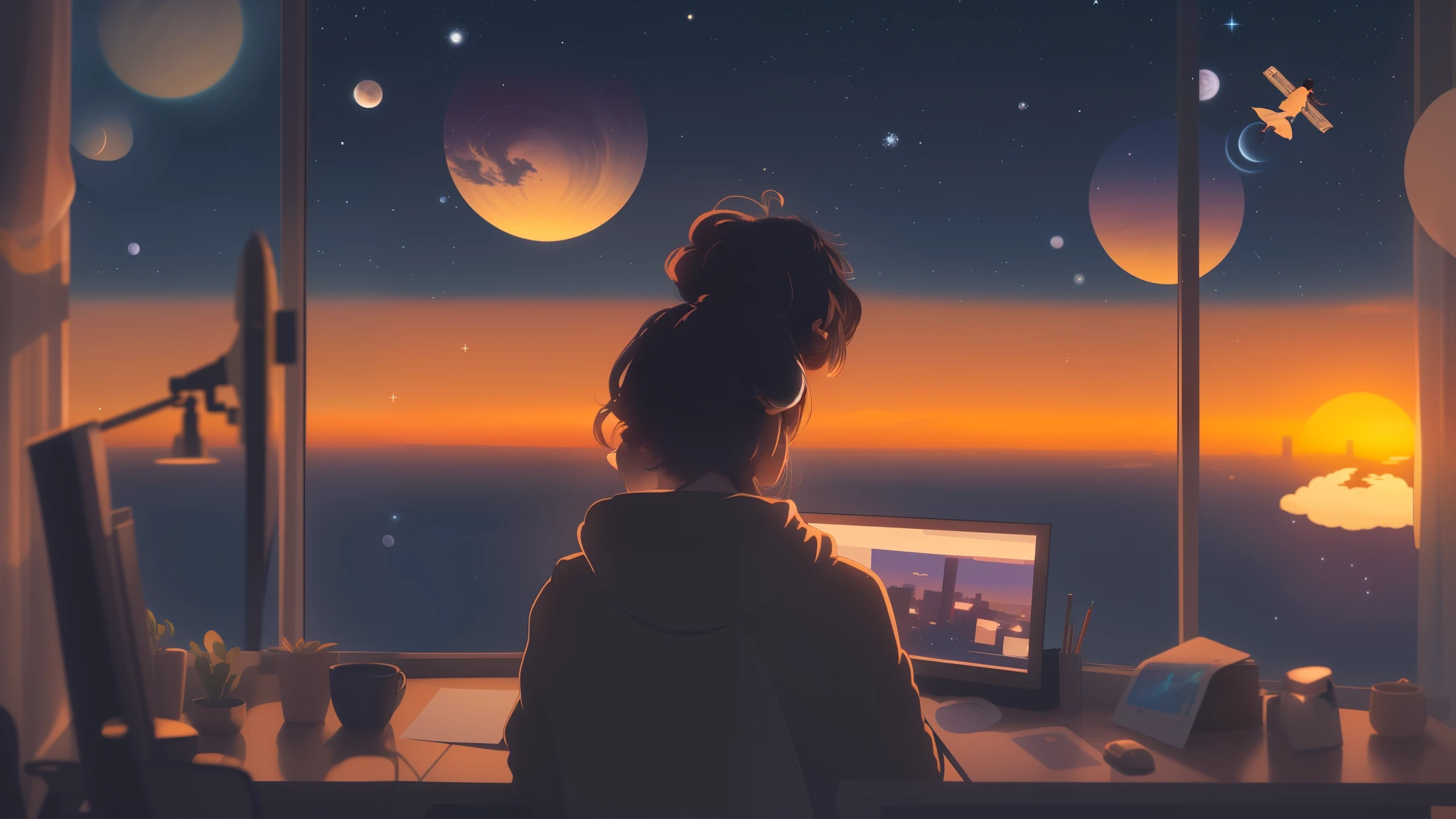 There is a woman sitting at a desk looking out the window, look at the universe, background artwork, looking at the universe, calm night. digital illustration, Keyframe illustration, lofi art style, Works that influenced Cyril Rolland, girl stares into space, official fan art, watching the sunset. anime, ☁🌪🌙👩🏾,High quality 8K