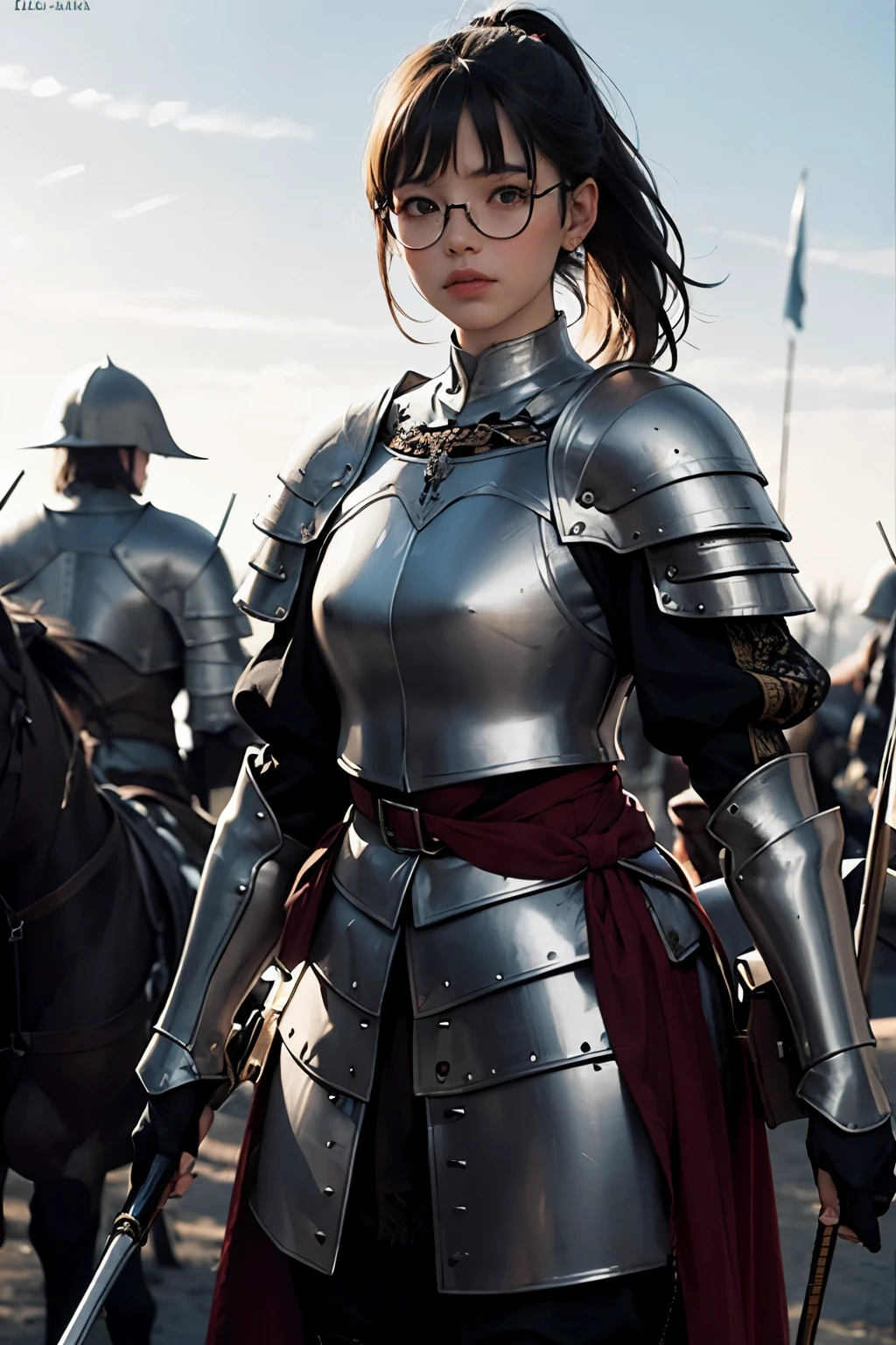 ((wide angle shot of the Hundred Years' War in France)), a beautiful woman, black hair in a ponytail, bangs, wearing glasses, wearing Jeanne d'Arc armor