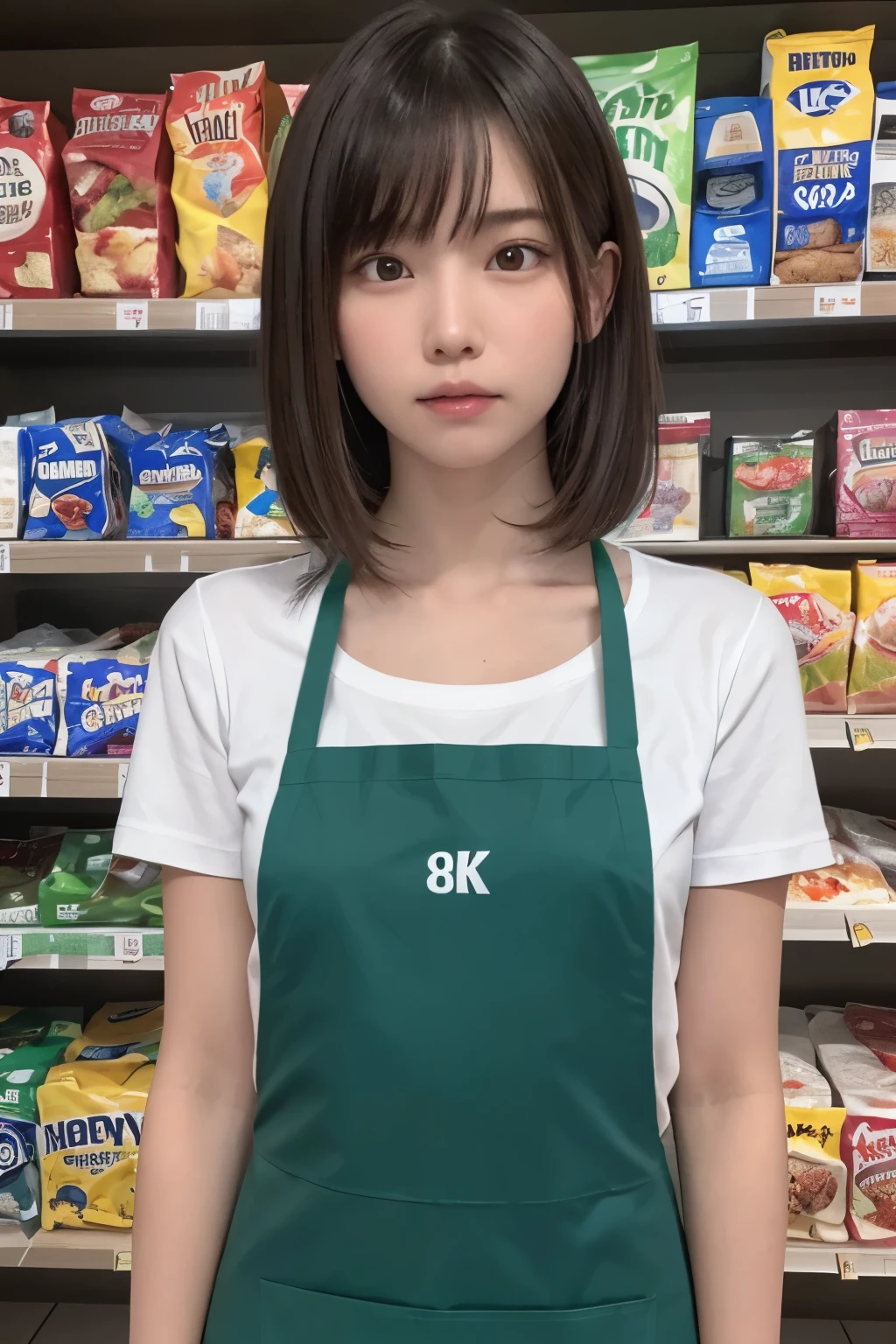 one girl, (a beauty girl, delicate girl:1.3), (15 years old, :1.3),
break, (shirt, green apron, family mart:1.3), panties,
break, extremely fine-grained clarity, (symmetrical eyes:1.3),
break, (Inside a convenience store:1.3), perfectly trimmed fingers,
break, small breasts, brown eyes, parted bangs, brown hair, girl,
break, (Eye and face details:1.0),
break, (masterpiece, highest quality, super detailed, detailed face, 8k)