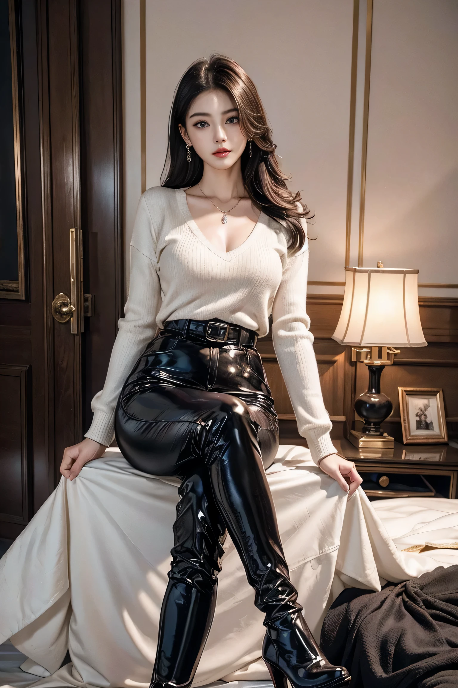 a very sexy and beautiful asian girl,A very mature and beautiful girl,sexy mature lady,Royal sister temperament,Supermodel temperament,asian aristocrat气质,alone,in the palace,European antique style bedroom decoration,patent leather trousers,White V-neck sweater,streetwear,asian aristocrat,patent leather high heel boots,earrings,necklace,(Extremely exquisite and beautiful work:1.1)a very sexy and beautiful woman,Have perfect body proportions,Tight body lines,S-shaped body,Sexy and perfect body curves(full),moist skin feeling,clear skin texture(Advanced skin details:1.1)supermodel perfect face,sexy red lips,charming smile,Exquisite facial features,dark purple hair,Dark purple clear and delicate hair texture(Premium hair details:1.1),red pupils,Clear and refined eye details,Beautiful and sophisticated eye makeup,(Advanced eye detail:1.1)The optimal ratio of four fingers to one thumb.Beautiful and exquisite manicure,Feet with perfectly proportioned thighs and calves,,Royal sister style,Royal Sister Series,asian royal girl,asian aristocrat,patent leather trousers,black series,White V-neck sweater系列,Patent leather jacket series,Patent leather series,dark purple hair系列,Real top photography,perfect work of art,Super real的复杂细节,best work,best picture quality,Ultra-fine,very high resolution,Full body photography of one person,Super real,Cover photo,professional lighting ,Professional dimming,perfect goddess,Exquisite details、complex engineering,Very sexy and mature photography,Photography of a beautiful woman
