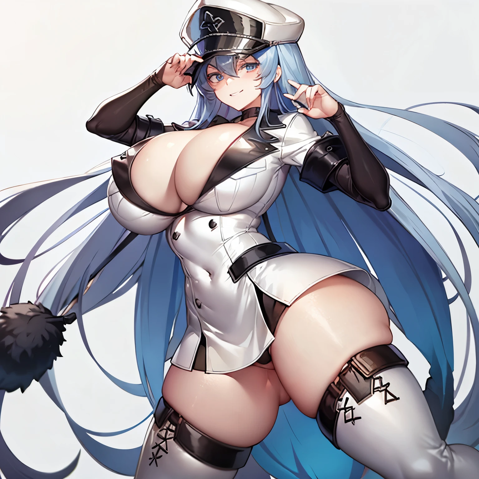 (masterpiece, best quality:1.2), solo, 1girl, esdeath, smile, looking at viewer, white peaked cap, white military uniform, white thighs, (gigantic breasts:1.3), grinning, (front view), (looking at viewer), standing, posing