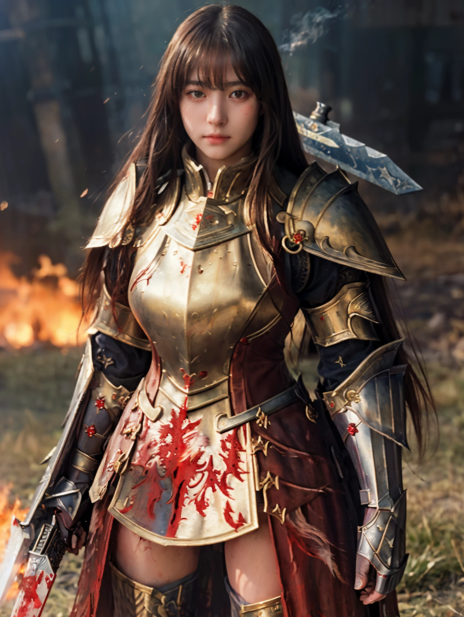 (((Realistic, masterpiece, best quality, crisp detail, high definition, high detail))), ************ girl wearing golden armor, japan style heavy armor, full body armor, long straight hair, sweating, bloodstained, bloodbath, carnage, long bloodstained sword, in epic war, fire and smoke everywhere, death anywhere