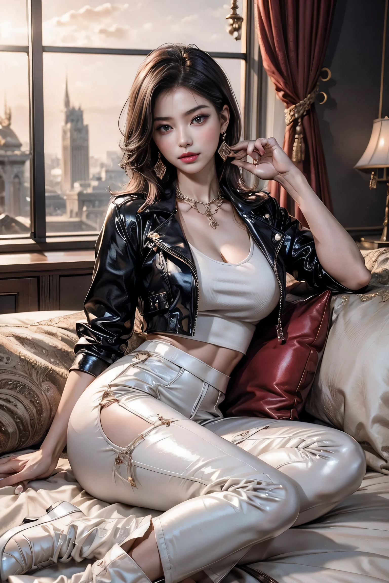 a very sexy and beautiful asian girl,A very mature and beautiful girl,sexy mature lady,Royal sister temperament,Supermodel temperament,asian aristocrat气质,alone,in the palace,European antique style bedroom decoration,patent leather trousers,White V-neck sweater,streetwear,asian aristocrat,patent leather high heel boots,earrings,necklace,(Extremely exquisite and beautiful work:1.1)a very sexy and beautiful woman,Have perfect body proportions,Tight body lines,S-shaped body,Sexy and perfect body curves(full),moist skin feeling,clear skin texture(Advanced skin details:1.1)supermodel perfect face,sexy red lips,charming smile,Exquisite facial features,dark purple hair,Dark purple clear and delicate hair texture(Premium hair details:1.1),red pupils,Clear and refined eye details,Beautiful and sophisticated eye makeup,(Advanced eye detail:1.1)The optimal ratio of four fingers to one thumb.Beautiful and exquisite manicure,Feet with perfectly proportioned thighs and calves,,Royal sister style,Royal Sister Series,asian royal girl,asian aristocrat,patent leather trousers,black series,White V-neck sweater系列,Patent leather jacket series,Patent leather series,dark purple hair系列,Real top photography,perfect work of art,Super real的复杂细节,best work,best picture quality,Ultra-fine,very high resolution,Full body photography of one person,Super real,Cover photo,professional lighting ,Professional dimming,perfect goddess,Exquisite details、complex engineering,Very sexy and mature photography,Photography of a beautiful woman