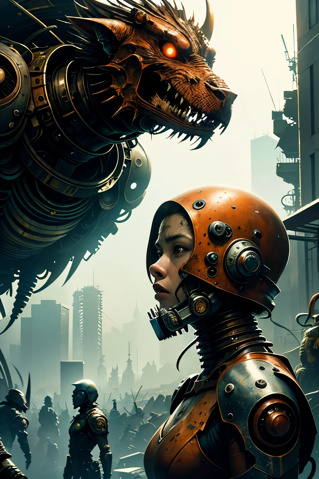Masterpiece, Best quality: A breathtaking scene of a colossal rust-covered chimera-o-bot clashing with determined human fighters. The biomechanoid towers over them, its intricate gears and menacing weapons glinting under the dimly lit industrial setting. The trend clearly leans towards the Weyland-Yutani Corporation's aesthetic, with a grimy yet futuristic feel. This high-definition, ultra-detailed illustration comes alive with bold lines, diverse textures, and a dark and gritty color palette. The humans' facial expressions are sincere and intense, depicting the struggle for survival against this monstrous foe. The chim