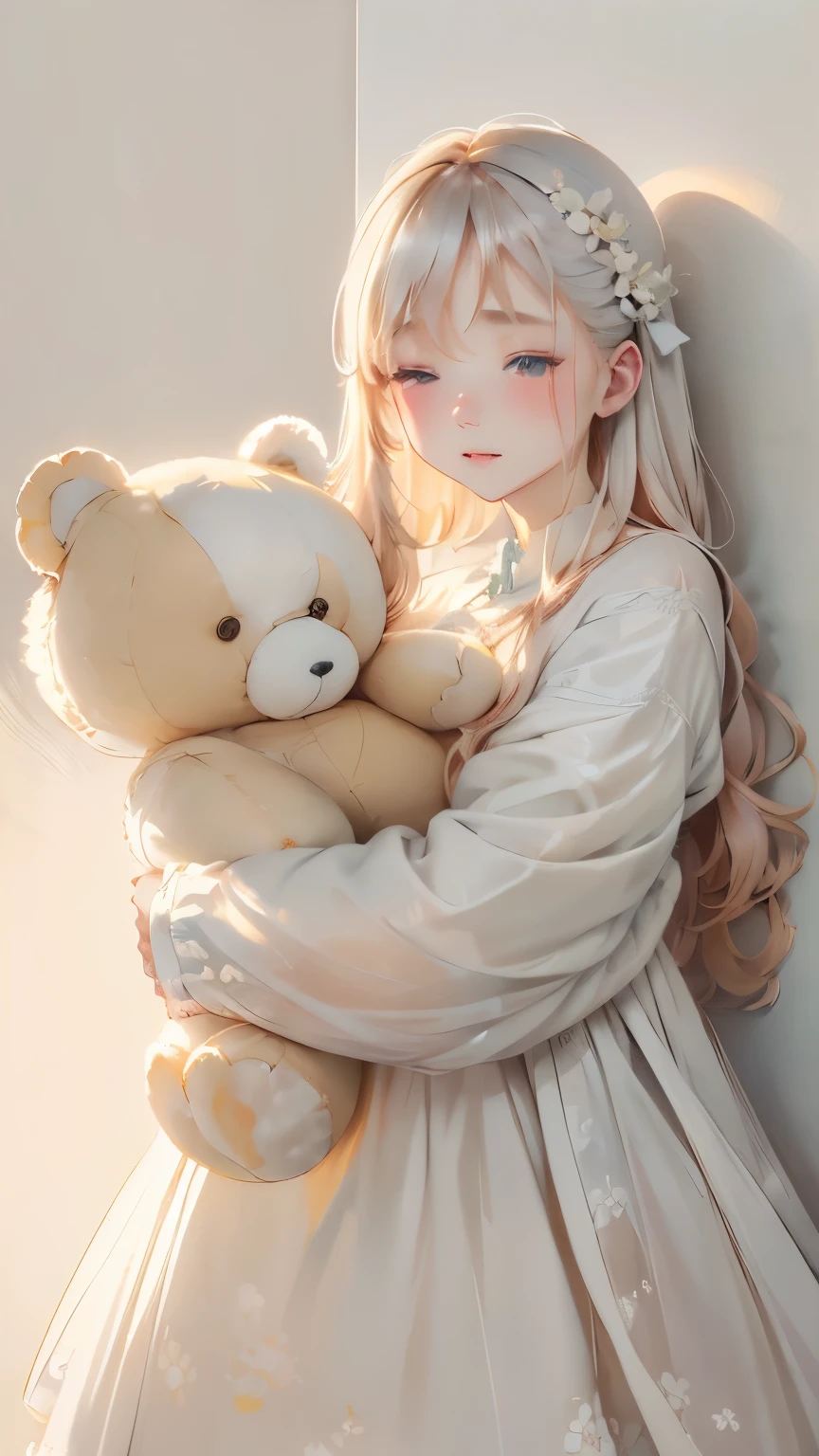 (((simple configuration)))、(((The background is a white wall:1.2)))、one girl、(((hugging a giant teddy bear)))、perfect anatomy、painterly、sketch、Smiling Girl、very delicate、wall with cloud-like pattern、、Floral、delicate depiction、abstract、Bright colors overall、Gentle color、Taisho romance、(masterpiece、highest quality、highest quality、official art、beautiful beautiful:1.2)、