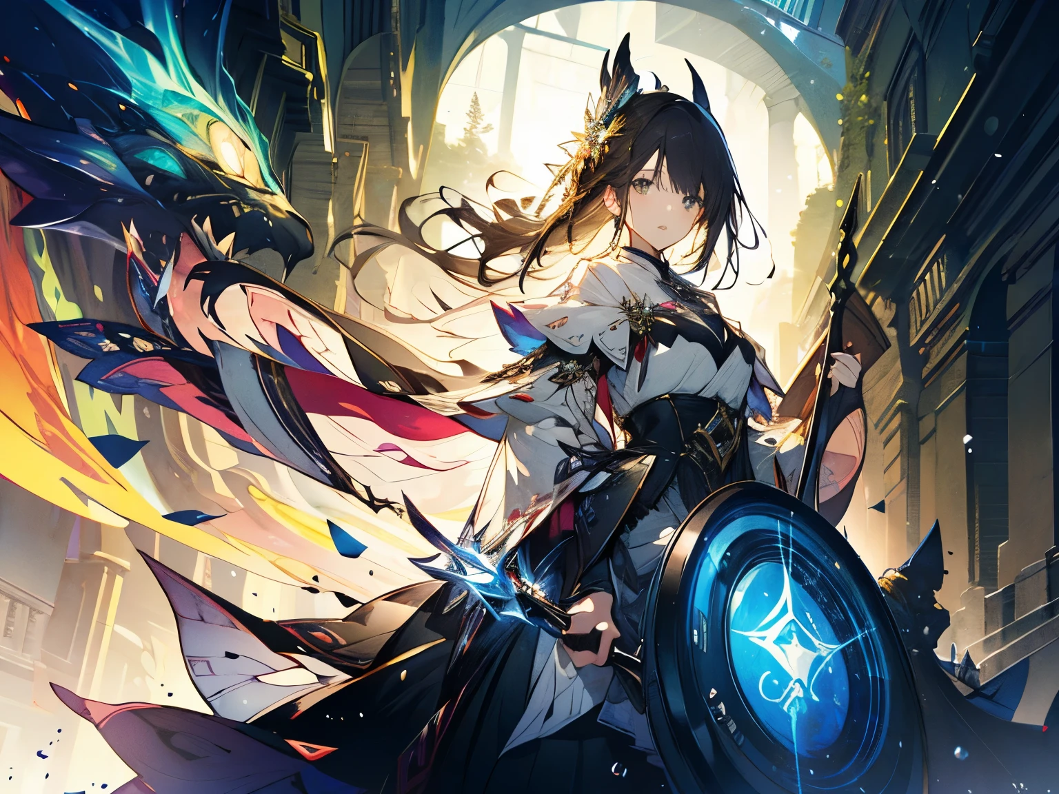最高masterpiece、masterpiece、super detailed、delicate eyes、A powerful spell that creates a magical protective barrier, A woman uses green magic to summon a magical shield perfect for a fantasy world..
