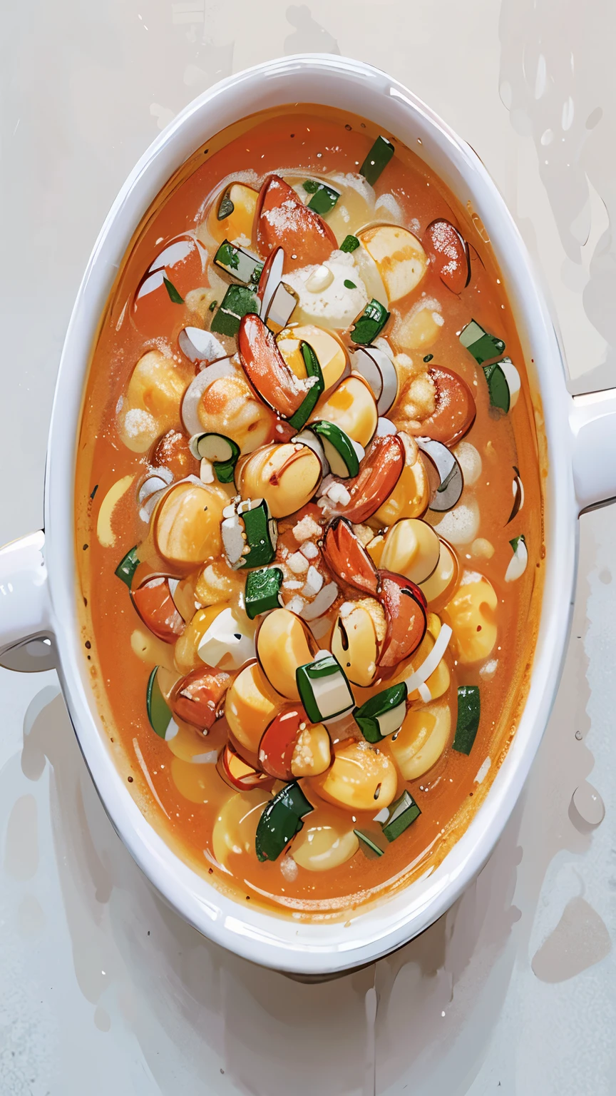 A bowl of gnocchi soup,There are shrimps in it