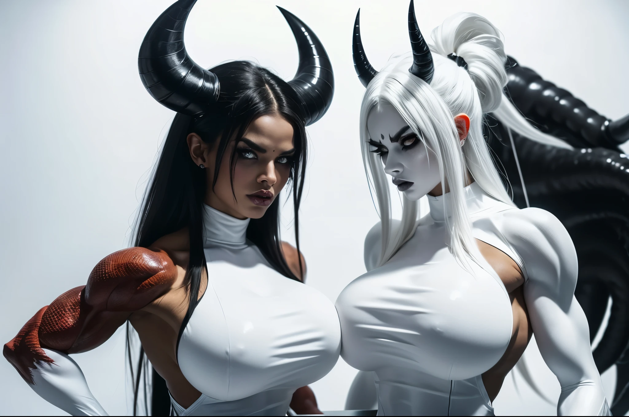 (black and white demoness:1.5),(beautiful female model:1.5), (demoness with Large horns:1.25),(1 super muscular succubus with flayed skin:1.5), (covered in thick white muscle suit:1.5), (exposed perfect anatomy:1.5), high detail, best quality, masterpiece, finely detail, realistic skin texture, 85 mm art lens, f 1.2, sharp focus, 8 k high definition, insanely detailed, intricate, glowing white eyes, white hair, satanic white background, holding whip, hair bun, beautiful female face, white skin