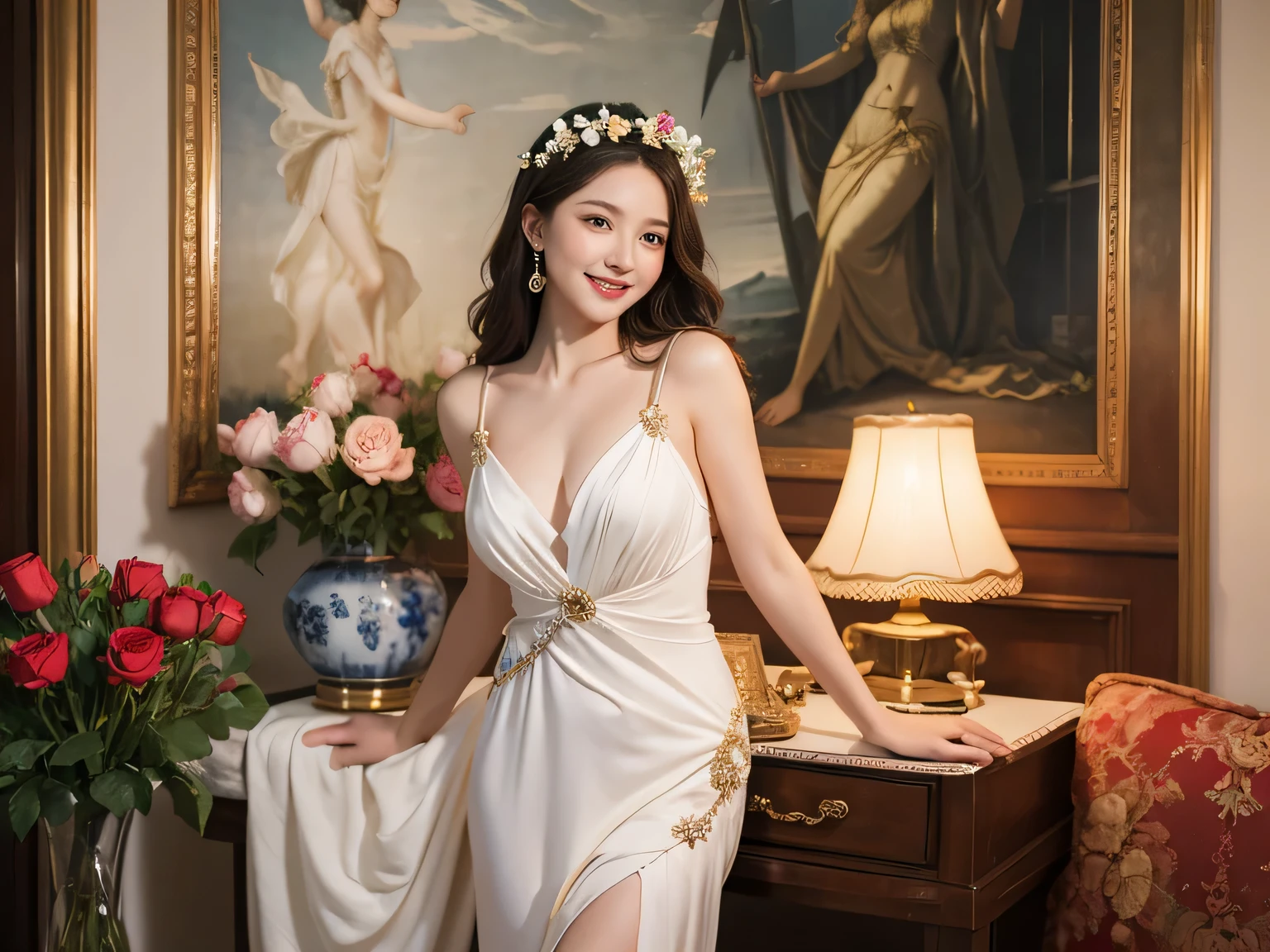 full body portrait or statue、Vigée Leblanc style、math、astronomical machine、astronaut、roses in vase、fruits、Cute trinkets、smile、ancient greek costume、Sandro Botticelli paintings、Clothes that stretch your shoulders、A big smile、expression of ecstasy、sexy、beautiful bare skin、A detailed representation of the seducing woman throughout her body.