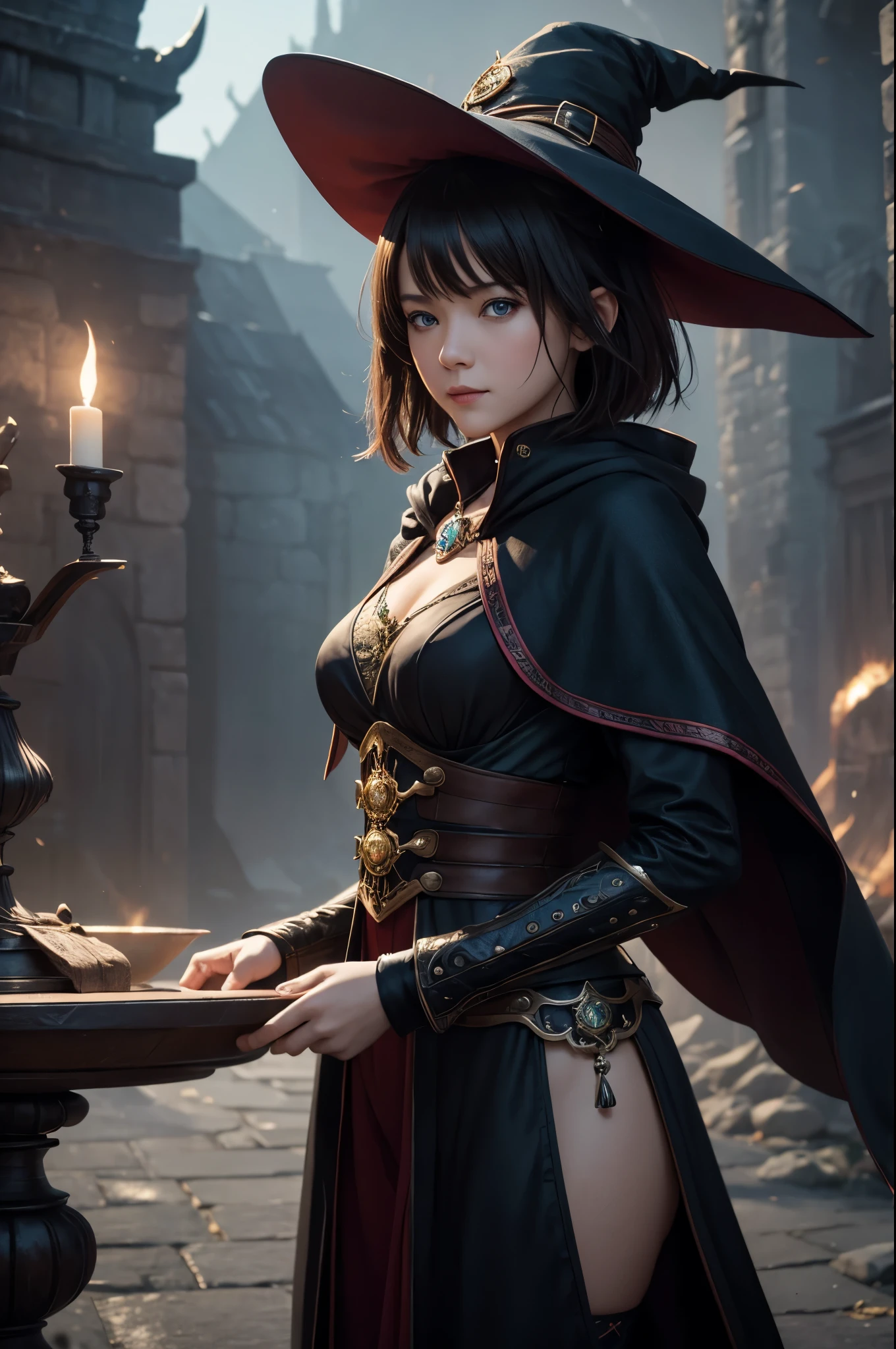 8k,A witch wearing a hat and cloak smiles and takes a photo,blue eyes, brown hair short bob hair,red and black costume,fantasy artスタイル, 素晴らしいcharacter art, fantasy concept art portrait, fantasy art, Portrait of a female magician, 壮大なfantasy artスタイル, 壮大なfantasy artポートレート, fantasy art, Alexandra Fomina Art Station, 8Kfantasy art, beautiful magician, 壮大な絶妙なcharacter art,超A high resolution,big red gem amulet,look at the audience,laughter,small breasted witch,masterpiece,Photorealistic RAW photos of the highest quality。Backlight, cinematic lighting, film grain, to be born, 50mm lens, Nikon D850,realistic skin,fantasy art,character art,ultra high resolution,action scene,fighting pose,Big Magic Circle,action pose,dynamic pose,