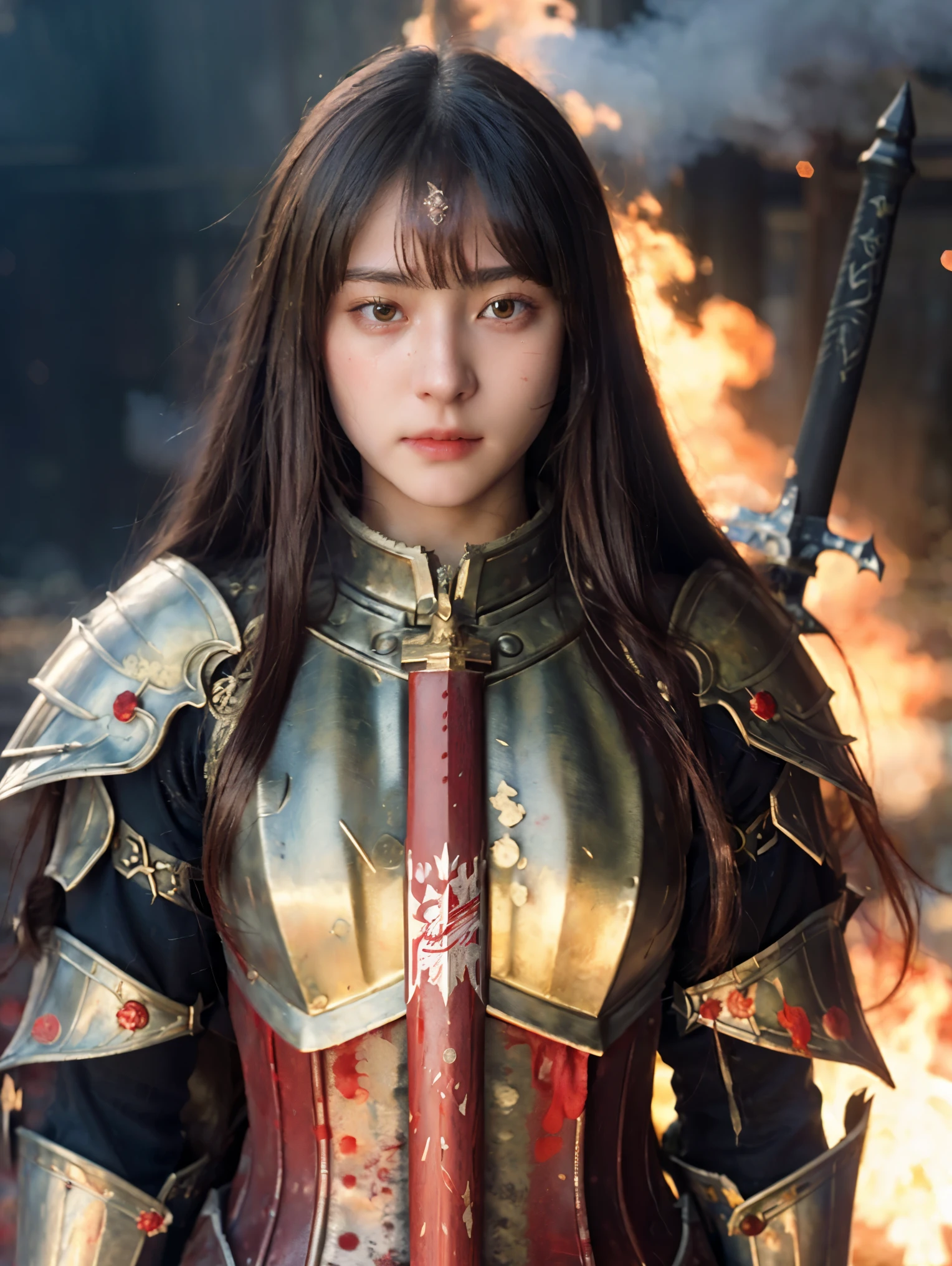 (((Realistic, masterpiece, best quality, crisp detail, high definition, high detail))), 17 years old girl wearing golden armor, japan style heavy armor, full body armor, long straight hair, sweating, bloodstained, bloodbath, carnage, long bloodstained sword, in epic war, fire and smoke everywhere, death anywhere