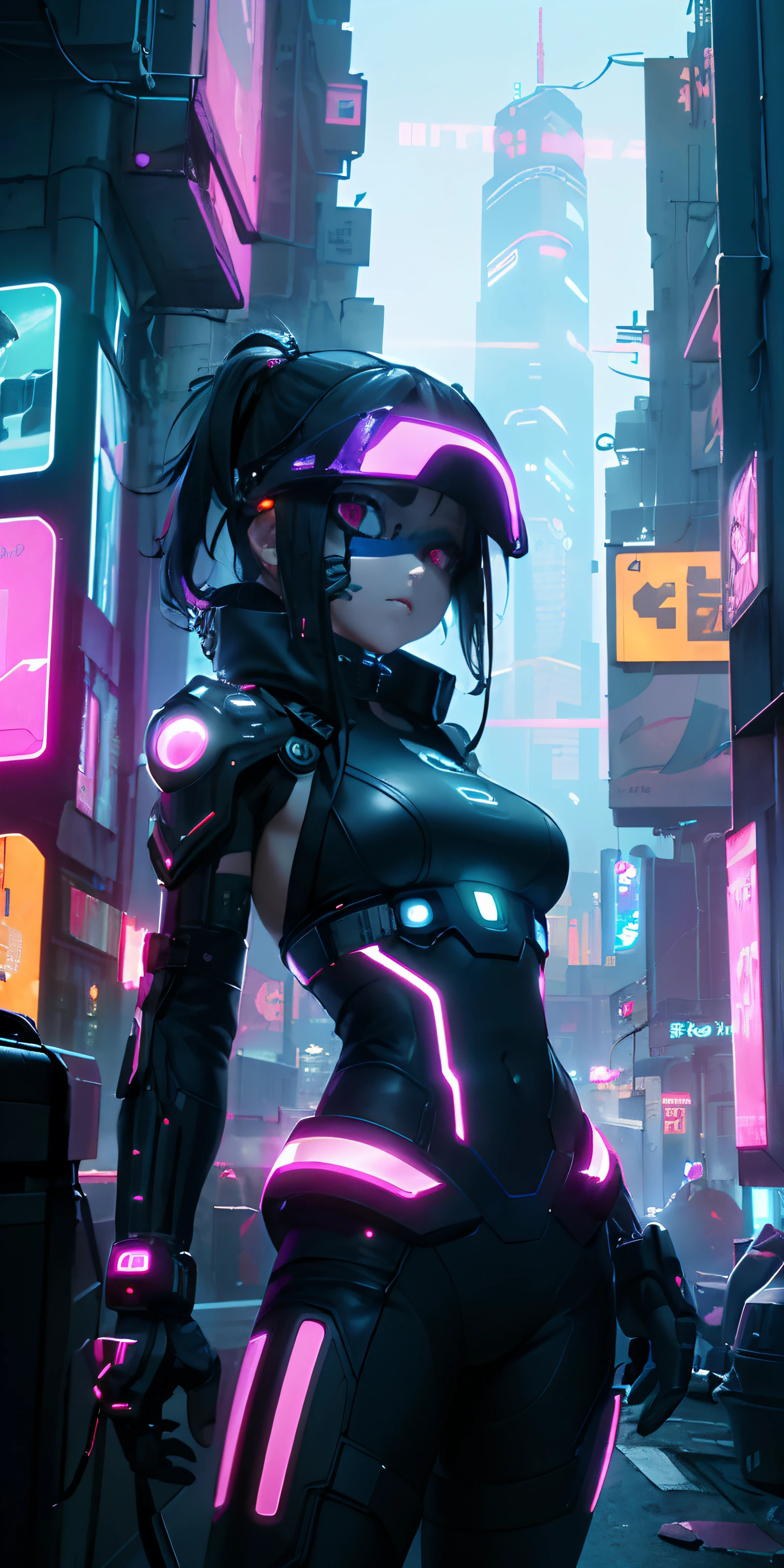 top quality))、((Masterpiece)、cyberpunk、A 12-year-old girl wears electronic goggles on her face,View of the city from the roof of a building、cyberpunk时尚、sexy pose、bare skin、breast enlargement、Neon lights in dark city at night