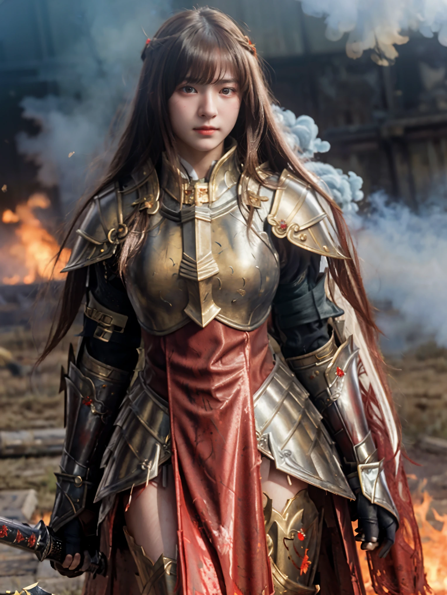 (((Realistic, masterpiece, best quality, crisp detail, high definition, high detail))), ************ girl wearing golden armor, japan style heavy armor, full body armor, long straight hair, sweating, bloodstained, bloodbath, carnage, long bloodstained sword, in epic war, fire and smoke everywhere, death anywhere