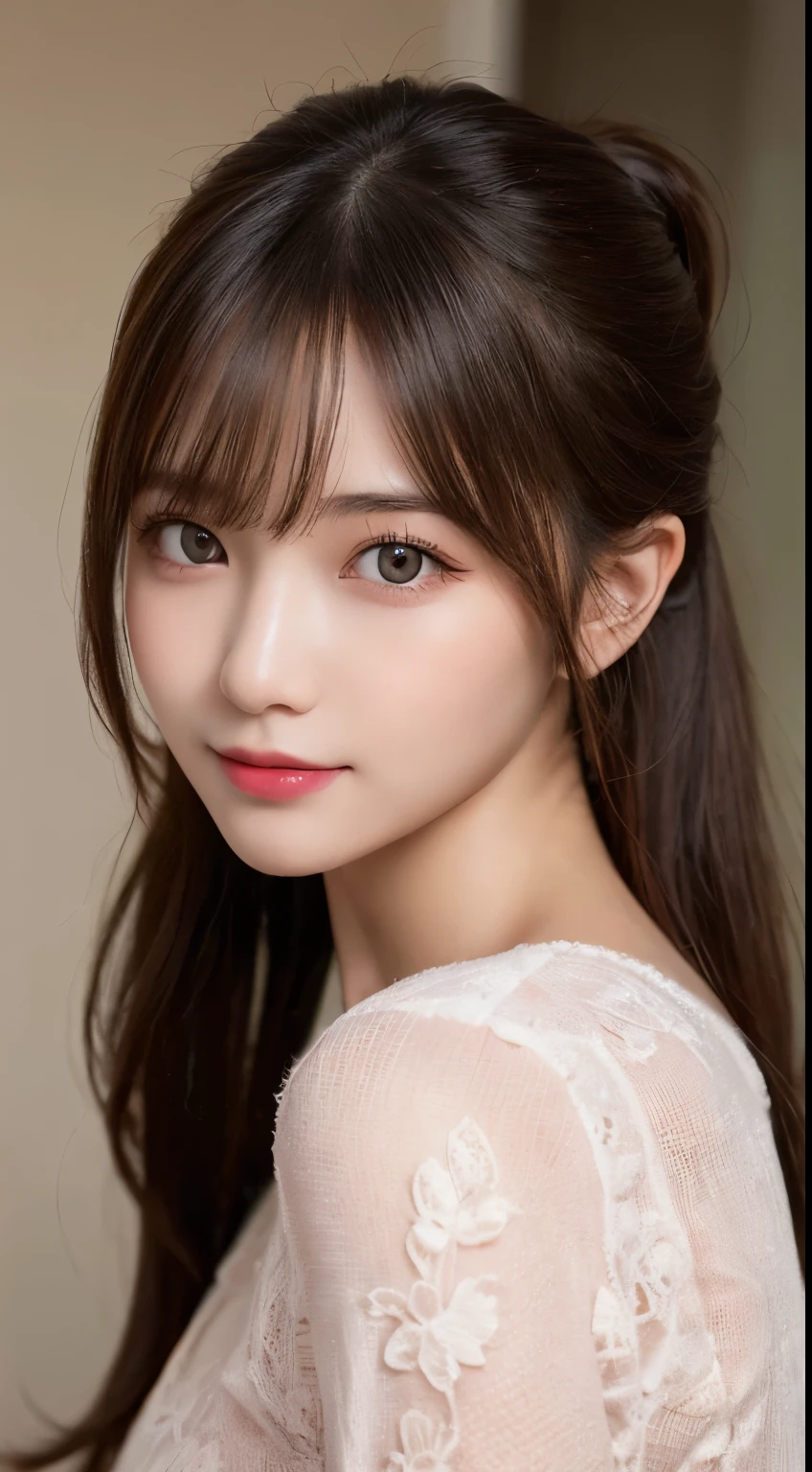 table top, highest quality, shape, Super detailed, finely, High resolution, 8k wallpaper, 完璧なダイナミックな構shape, beautiful and detailed eyes, straight hair, small breasts, natural color lip, random sexy pose,smile,20 year old girl、midnight、beautiful and detailed face、perfect and beautiful face,Big eyes、RAW photo、Expressing feminine poses with your whole body、beautiful and detailed eyes、small face、beautiful duplex、slim face and style,pale pink long sleeve dress、beautiful golden ratio face,twin ponytail hair,bright look,Photographed focusing on beautiful legs