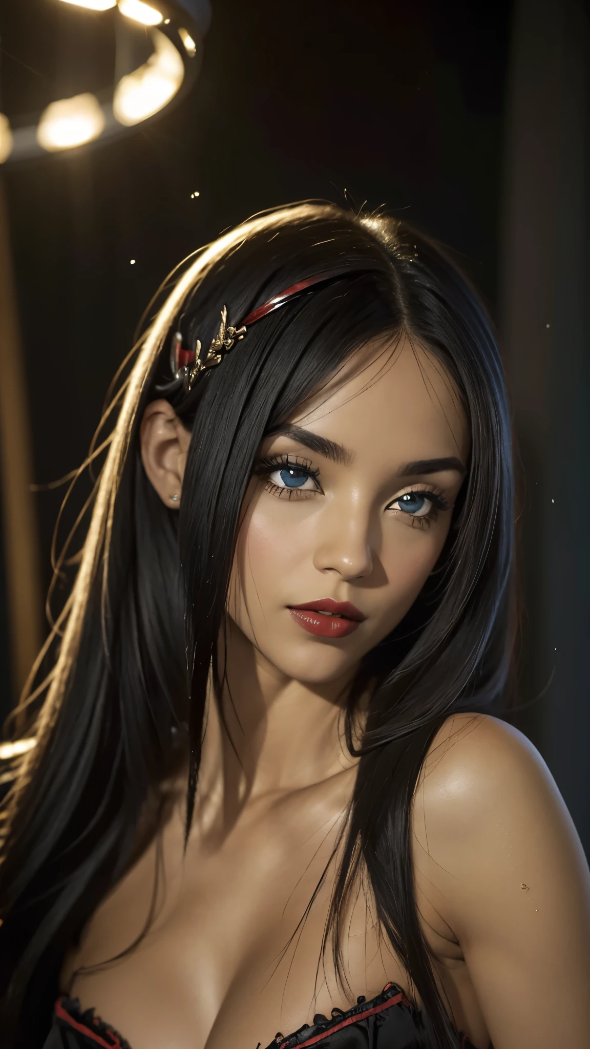 (extremamente delicado e bonito: 1.2), 1 garota, faixa, olhos azuis, blur, blur background, arco, cabelo castanho, cale a boca, Vista lateral, cabelo entre os olhos, arco de cabelo, lanterna, light particles, mangas compridas, See the audience, cabelo medio, Noite, arco vermelho, sozinho, Estrelas(simbol), parte superior do corpo, sorrir, Red lips, Cleopatra Style