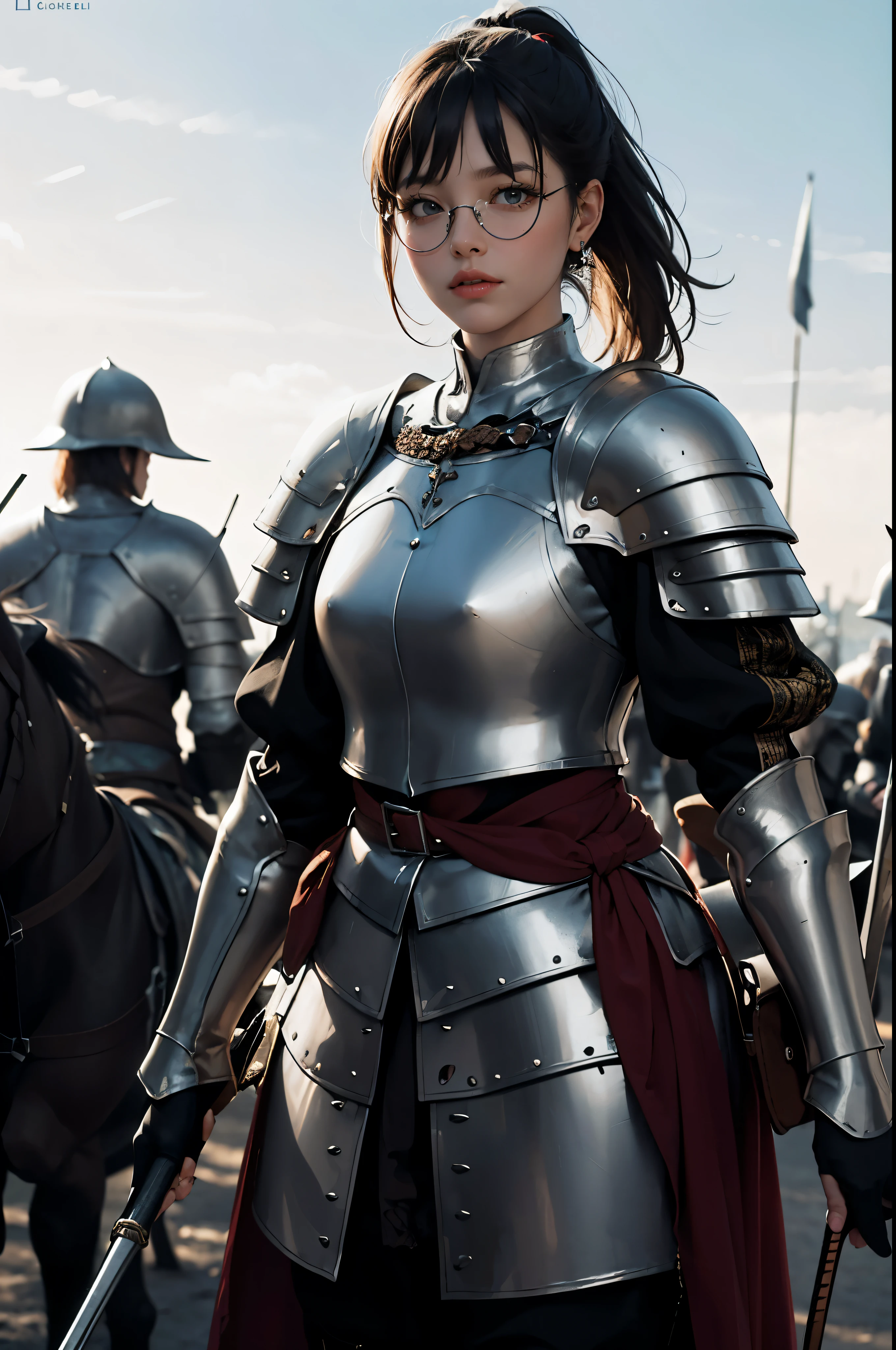 ((Wide angle view of the Hundred Years' War in France)), beautiful young woman, black hair in a ponytail, smooth, wear glasses, สวมชุดเกราะของ Jeanne d'Arc
