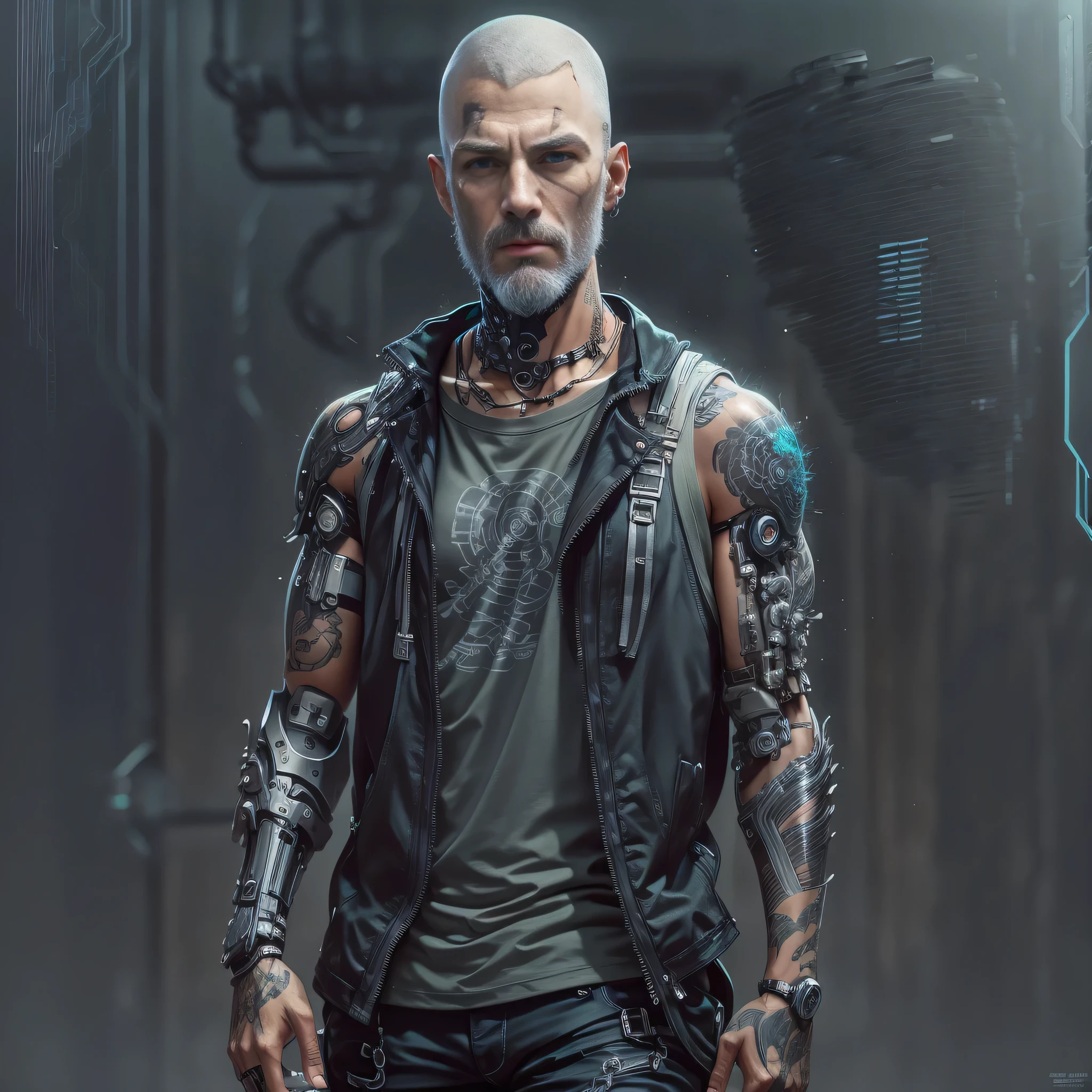 thin man, serious face, male,gray hair, short beard, with cybernetic arm, robotic arm, with robotic prosthesis,implants on face,wearing comfortable clothes, jeans cinza, camisa regata cinza, t-shirt, shirt, tattoo on upper arm,with all hair shaved, very short hair, full body, cyberpunk, dark cyberpunk, futuristic.