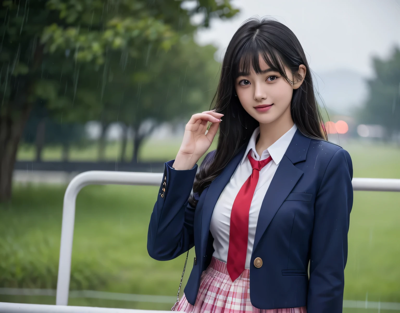 Not NSFW、high quality、Realistic and photo-like、one beautiful 15 year old girl、High school girl wearing a blazer uniform、navy blue jacket、white dress shirt、Red ribbon at collar、navy check mini skirt、in the pouring rain、My shirt gets wet and sticks to my skin.、see-through white lace bra、Black hair smiling shyly、have bangs、Fair skin、thin eyebrows、long hair、big breasts、A presence that is out of this world、