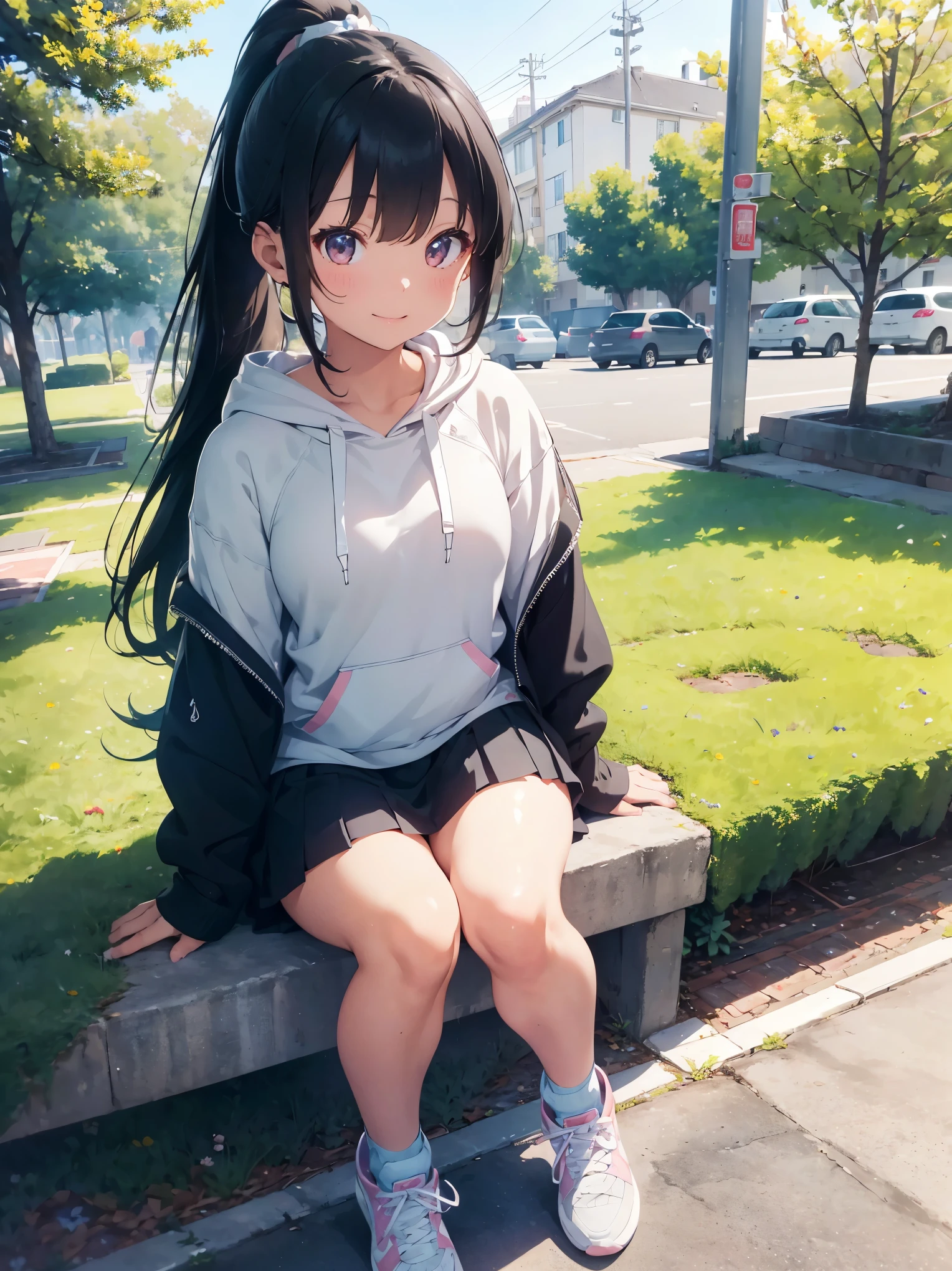 beautiful soft light, vivid details, anatomical, exact ratio, very detailed, wonderful, finely, highest quality, High resolution, 1 girl, , cute, shiny, Shiny skin, Corner of the park, (sleeve_less hoodie), short skirt, sneakers to highlight, physical education sitting), black hair,ponytail、 healthy skin, spring coordinated outfits、smile